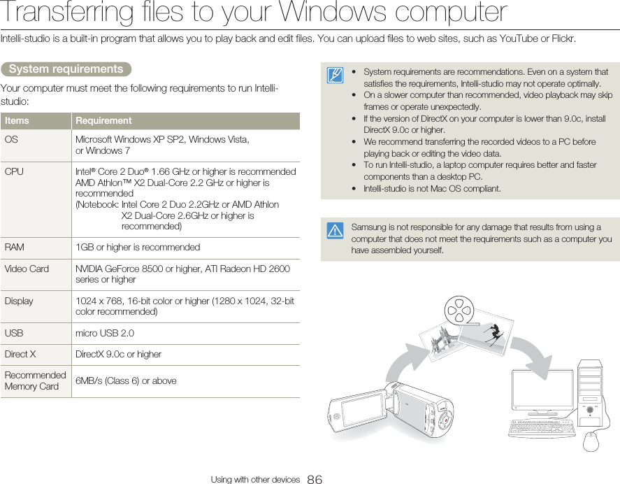 86Using with other devicesSystem requirementsYour computer must meet the following requirements to run Intelli-studio:Items RequirementOS Microsoft Windows XP SP2, Windows Vista, or Windows 7CPU Intel® Core 2 Duo® 1.66 GHz or higher is recommendedAMD Athlon™ X2 Dual-Core 2.2 GHz or higher is recommended(Notebook:  Intel Core 2 Duo 2.2GHz or AMD Athlon X2 Dual-Core 2.6GHz or higher is recommended)RAM 1GB or higher is recommendedVideo Card NVIDIA GeForce 8500 or higher, ATI Radeon HD 2600 series or higherDisplay 1024 x 768, 16-bit color or higher (1280 x 1024, 32-bit color recommended)USB micro USB 2.0Direct X DirectX 9.0c or higherRecommended Memory Card 6MB/s (Class 6) or aboveSystem requirements are recommendations. Even on a system that satisfies the requirements, Intelli-studio may not operate optimally.On a slower computer than recommended, video playback may skip frames or operate unexpectedly.If the version of DirectX on your computer is lower than 9.0c, install DirectX 9.0c or higher.We recommend transferring the recorded videos to a PC before playing back or editing the video data.To run Intelli-studio, a laptop computer requires better and faster components than a desktop PC.Intelli-studio is not Mac OS compliant.••••••Samsung is not responsible for any damage that results from using a computer that does not meet the requirements such as a computer you have assembled yourself.Transferring files to your Windows computerIntelli-studio is a built-in program that allows you to play back and edit files. You can upload files to web sites, such as YouTube or Flickr.
