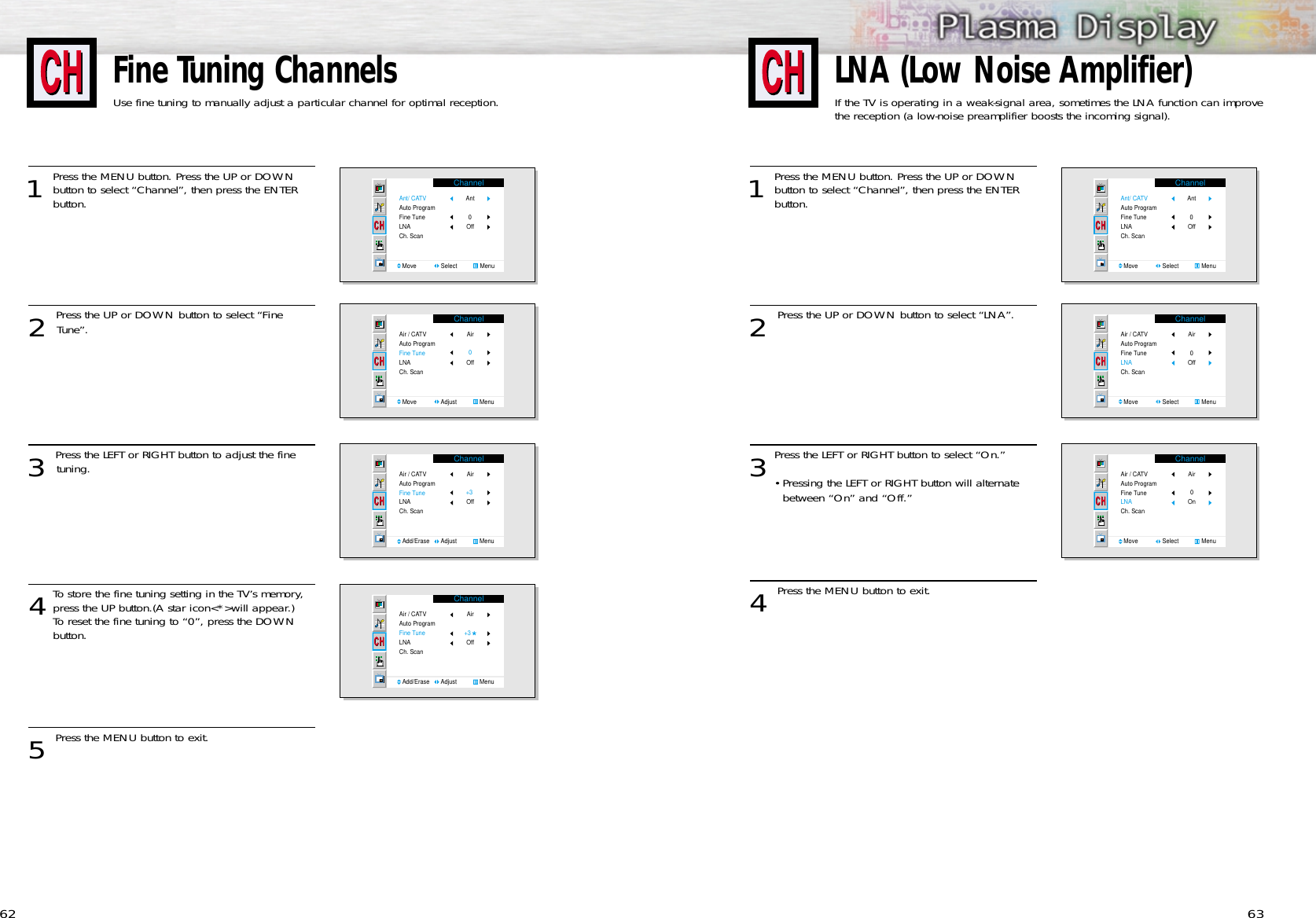 63Fine Tuning ChannelsUse fine tuning to manually adjust a particular channel for optimal reception.621Press the MENU button. Press the UP or DOWNbutton to select “Channel”, then press the ENTER button.2 Press the UP or DOWN button to select “FineTune”.3 Press the LEFT or RIGHT button to adjust the fine tuning.4To store the fine tuning setting in the TV’s memory,press the UP button.(A star icon&lt;*&gt;will appear.)To reset the fine tuning to “0”, press the DOWN button.5 Press the MENU button to exit.ChannelAnt/ CATVAuto ProgramFine TuneLNACh. ScanMove               Select              MenuAnt Off  0ChannelAir / CATVAuto ProgramFine TuneLNACh. ScanMove               Adjust              MenuAir Off  0ChannelAir / CATVAuto ProgramFine TuneLNACh. ScanAdd/Erase       Adjust              MenuAir Off  +3ChannelAir / CATVAuto ProgramFine TuneLNACh. ScanAdd/Erase       Adjust              MenuAir Off  +3LNA (Low Noise Amplifier)If the TV is operating in a weak-signal area, sometimes the LNA function can improve the reception (a low-noise preamplifier boosts the incoming signal). 1Press the MENU button. Press the UP or DOWNbutton to select “Channel”, then press the ENTER button.2 Press the UP or DOWN button to select “LNA”.3Press the LEFT or RIGHT button to select “On.”•Pressing the LEFT or RIGHT button will alternate between “On” and “Off.” 4 Press the MENU button to exit.ChannelAnt/ CATVAuto ProgramFine TuneLNACh. ScanMove               Select              MenuAnt Off  0ChannelAir / CATVAuto ProgramFine TuneLNACh. ScanMove               Select              MenuAir Off  0ChannelAir / CATVAuto ProgramFine TuneLNACh. ScanMove               Select              MenuAir On  0