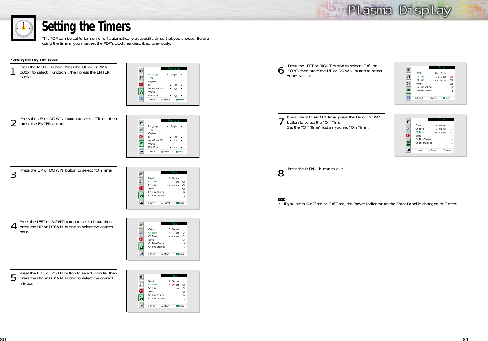 8180Setting the TimersThis PDP can be set to turn on or off automatically at specific times that you choose. Beforeusing the timers, you must set the PDP’s clock, as described previously.6 Press the LEFT or RIGHT button to select “Off” or “On”, then press the UP or DOWN button to select “Off” or “On”.7If you want to set Off Time, press the UP or DOWNbutton to select the “Off Time”.Set the “Off Time” just as you set “On Time”.8 Press the MENU button to exit.Note• If you set to On Time or Off Time, the Power Indicator on the Front Panel is changed to Green.Setting the On/Off Timer1Press the MENU button. Press the UP or DOWNbutton to select “Function”, then press the ENTER button. 2 Press the UP or DOWN button to select “Time”, thenpress the ENTER button.3 Press the UP or DOWN button to select “On Time”.4Press the LEFT or RIGHT button to select hour, thenpress the UP or DOWN button to select the correct hour.5Press the LEFT or RIGHT button to select  minute, thenpress the UP or DOWN button to select the correct minute.FunctionLanguageTimeCaptionNRAuto Power OffV-ChipFilm ModeMove               Select              MenuEnglishOffOffOffFunctionLanguageTimeCaptionNRAuto Power OffV-ChipFilm ModeMove               Enter               MenuEnglishOffOffOffTimeClockOn TimeOff TimeSleepOn Time VolumeOn time ChannelMove               Select              Menu10 : 30 am- - : - - am- - : - - amOffOffOff10    3TimeClockOn TimeOff TimeSleepOn Time VolumeOn time ChannelAdjust              Move               Menu10 : 30 am7 : - - am- - : - - amOffOffOff10   3TimeClockOn TimeOff TimeSleepOn Time VolumeOn time ChannelAdjust              Move               Menu10 : 30 am7 : 30 am- - : - - amOffOffOff10    3TimeClockOn TimeOff TimeSleepOn Time VolumeOn time ChannelAdjust              Move               Menu10 : 30 am7 : 30 am- - : - - amOnOffOff10    3TimeClockOn TimeOff TimeSleepOn Time VolumeOn Time ChannelMove               Select              Menu12 : 00 am7 : 30 am- - : - - amOnOffOff10    3