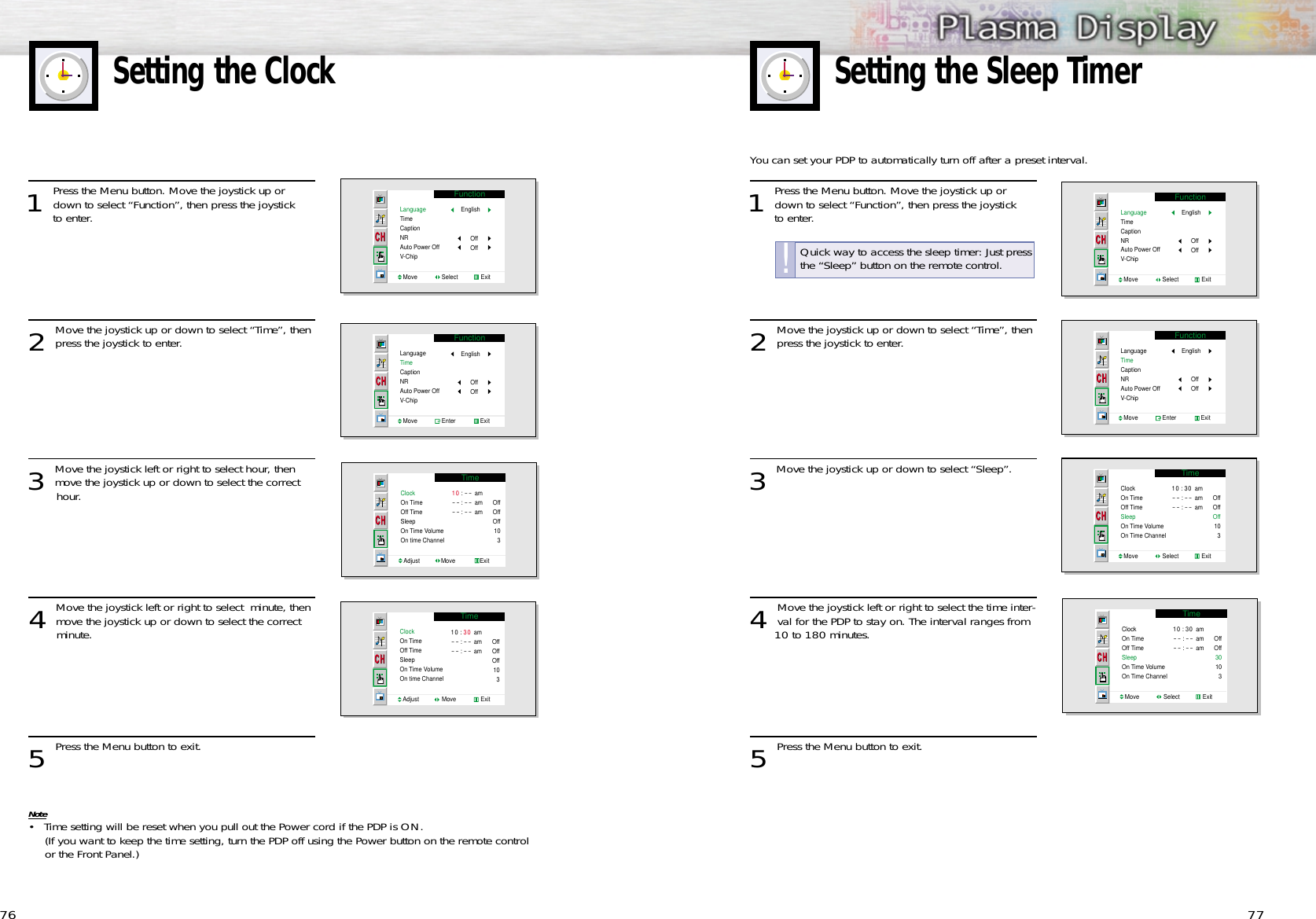 7776Setting the ClockYou can set your PDP to automatically turn off after a preset interval.1 Press the Menu button. Move the joystick up ordown to select “Function”, then press the joystick to enter. 2 Move the joystick up or down to select “Time”, thenpress the joystick to enter.3 Move the joystick up or down to select “Sleep”.4 Move the joystick left or right to select the time inter-val for the PDP to stay on. The interval ranges from 10 to 180 minutes.5 Press the Menu button to exit.Setting the Sleep TimerFunctionLanguageTimeCaptionNRAuto Power OffV-ChipMove               Select              ExitEnglishOffOffTimeClockOn TimeOff TimeSleepOn Time VolumeOn Time ChannelMove               Select              Exit10 : 30 am- - : - - am- - : - - amOffOffOff10    3FunctionLanguageTimeCaptionNRAuto Power OffV-ChipMove               Enter               ExitEnglishOffOffTimeClockOn TimeOff TimeSleepOn Time VolumeOn Time ChannelMove               Select              Exit10 : 30 am- - : - - am- - : - - amOffOff3010   31 Press the Menu button. Move the joystick up ordown to select “Function”, then press the joystick to enter. 2 Move the joystick up or down to select “Time”, thenpress the joystick to enter.3 Move the joystick left or right to select hour, thenmove the joystick up or down to select the correct hour.4 Move the joystick left or right to select  minute, thenmove the joystick up or down to select the correct minute.5 Press the Menu button to exit.Note• Time setting will be reset when you pull out the Power cord if the PDP is ON.(If you want to keep the time setting, turn the PDP off using the Power button on the remote control or the Front Panel.)FunctionLanguageTimeCaptionNRAuto Power OffV-ChipMove               Enter               ExitEnglishOffOffFunctionLanguageTimeCaptionNRAuto Power OffV-ChipMove               Select              ExitEnglishOffOffTimeClockOn TimeOff TimeSleepOn Time VolumeOn time ChannelAdjust             Move               Exit10 : - - am- - : - - am- - : - - amOffOffOff10   3TimeClockOn TimeOff TimeSleepOn Time VolumeOn time ChannelAdjust              Move               Exit10 : 30 am- - : - - am- - : - - amOffOffOff10    3Quick way to access the sleep timer: Just pressthe “Sleep” button on the remote control.!