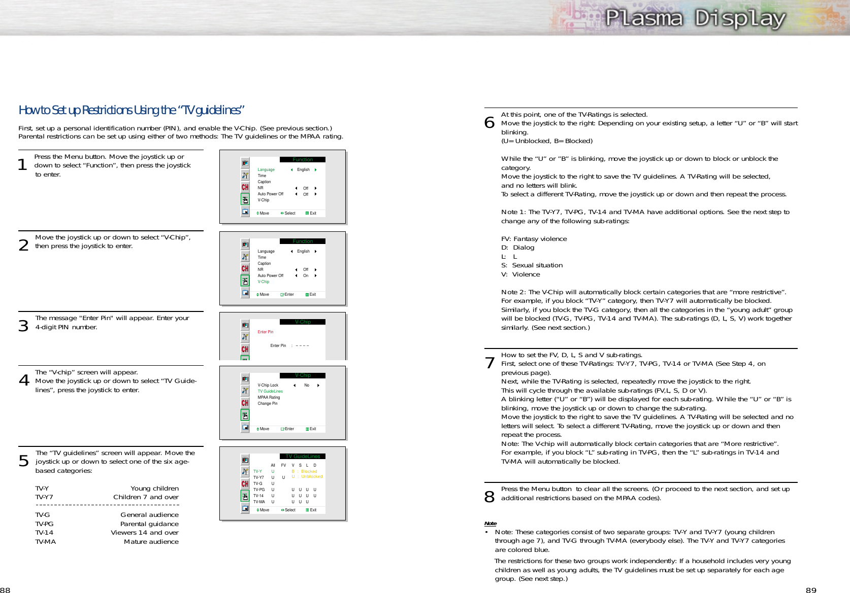 8988How to Set up Restrictions Using the “TV guidelines”First, set up a personal identification number (PIN), and enable the V-Chip. (See previous section.)  Parental restrictions can be set up using either of two methods: The TV guidelines or the MPAA rating.1 Press the Menu button. Move the joystick up ordown to select “Function”, then press the joystick to enter. 2Move the joystick up or down to select “V-Chip”,then press the joystick to enter. 3 The message &quot;Enter Pin&quot; will appear. Enter your 4-digit PIN number.  4The “V-chip” screen will appear. Move the joystick up or down to select “TV Guide-lines”, press the joystick to enter.5 The “TV guidelines” screen will appear. Move thejoystick up or down to select one of the six age-based categories:TV-Y Young childrenTV-Y7 Children 7 and overTV-G General audienceTV-PG Parental guidanceTV-14 Viewers 14 and overTV-MA Mature audienceFunctionLanguageTimeCaptionNRAuto Power OffV-ChipMove               Select              ExitEnglishOffOffFunctionLanguageTimeCaptionNRAuto Power OffV-ChipMove               Enter               ExitEnglishOffOnV-ChipEnter PinEnter Pin     :   ----V-ChipV-Chip LockTV GuideLinesMPAA Rating Change PinNoMove               Enter               Exit6At this point, one of the TV-Ratings is selected. Move the joystick to the right: Depending on your existing setup, a letter “U” or “B” will startblinking.(U= Unblocked, B= Blocked)While the “U” or ”B” is blinking, move the joystick up or down to block or unblock the category.Move the joystick to the right to save the TV guidelines. A TV-Rating will be selected, and no letters will blink. To select a different TV-Rating, move the joystick up or down and then repeat the process.Note 1: The TV-Y7, TV-PG, TV-14 and TV-MA have additional options. See the next step to change any of the following sub-ratings:FV: Fantasy violenceD:  DialogL:   LS:  Sexual situationV:  ViolenceNote 2: The V-Chip will automatically block certain categories that are “more restrictive”. For example, if you block “TV-Y” category, then TV-Y7 will automatically be blocked. Similarly, if you block the TV-G category, then all the categories in the “young adult” group will be blocked (TV-G, TV-PG, TV-14 and TV-MA). The sub-ratings (D, L, S, V) work together similarly. (See next section.)7How to set the FV, D, L, S and V sub-ratings.First, select one of these TV-Ratings: TV-Y7, TV-PG, TV-14 or TV-MA (See Step 4, on previous page). Next, while the TV-Rating is selected, repeatedly move the joystick to the right.  This will cycle through the available sub-ratings (FV,L, S, D or V).A blinking letter (“U” or “B”) will be displayed for each sub-rating. While the “U” or “B” is blinking, move the joystick up or down to change the sub-rating.Move the joystick to the right to save the TV guidelines. A TV-Rating will be selected and no letters will select. To select a different TV-Rating, move the joystick up or down and then repeat the process.Note: The V-chip will automatically block certain categories that are “More restrictive”. For example, if you block “L” sub-rating in TV-PG, then the “L” sub-ratings in TV-14 and TV-MA will automatically be blocked.8Press the Menu button  to clear all the screens. (Or proceed to the next section, and set upadditional restrictions based on the MPAA codes).Note• Note: These categories consist of two separate groups: TV-Y and TV-Y7 (young childrenthrough age 7), and TV-G through TV-MA (everybody else). The TV-Y and TV-Y7 categories are colored blue. The restrictions for these two groups work independently: If a household includes very youngchildren as well as young adults, the TV guidelines must be set up separately for each agegroup. (See next step.)TV GuideLinesB  :  BlockedU  :  UnblockedTV-YTV-Y7TV-GTV-PGTV-14TV-MAAllUUUUUUFVUV UUUS UUUL UUUD UU Move               Select              Exit