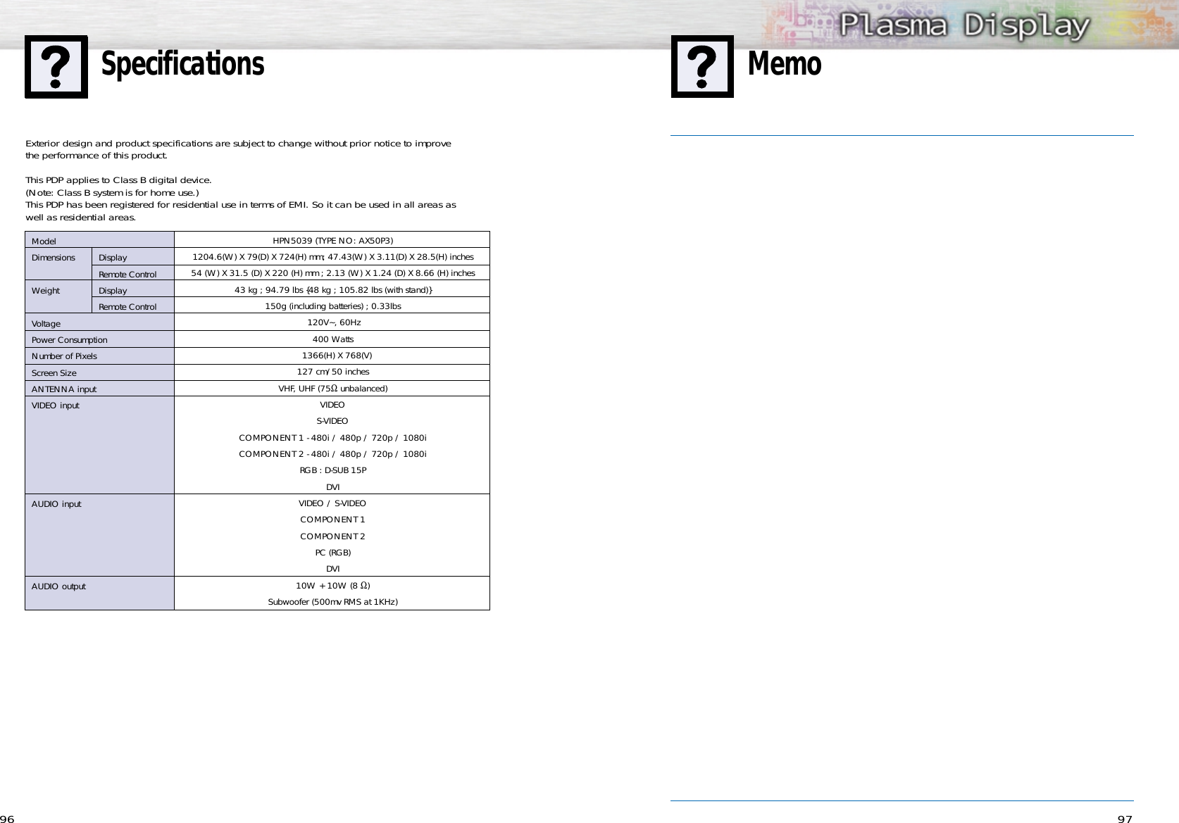 9796MemoSpecificationsHPN5039 (TYPE NO: AX50P3)1204.6(W) X 79(D) X 724(H) mm; 47.43(W) X 3.11(D) X 28.5(H) inches54 (W) X 31.5 (D) X 220 (H) mm ; 2.13 (W) X 1.24 (D) X 8.66 (H) inches43 kg ; 94.79 lbs {48 kg ; 105.82 lbs (with stand)}150g (including batteries) ; 0.33lbs120V~, 60Hz 400 Watts1366(H) X 768(V)127 cm/50 inchesVHF, UHF (75Ωunbalanced)VIDEOS-VIDEOCOMPONENT 1 - 480i / 480p / 720p / 1080iCOMPONENT 2 - 480i / 480p / 720p / 1080iRGB : D-SUB 15PDVIVIDEO / S-VIDEOCOMPONENT 1COMPONENT 2PC (RGB)DVI10W + 10W (8 Ω)Subwoofer (500mv RMS at 1KHz)ModelDimensions DisplayRemote ControlWeight DisplayRemote ControlVoltagePower ConsumptionNumber of PixelsScreen SizeANTENNA inputVIDEO inputAUDIO inputAUDIO outputExterior design and product specifications are subject to change without prior notice to improve the performance of this product.This PDP applies to Class B digital device.(Note: Class B system is for home use.)This PDP has been registered for residential use in terms of EMI. So it can be used in all areas as well as residential areas.