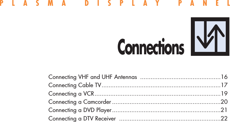 PLASMA DISPLAY PANELConnectionsConnecting VHF and UHF Antennas ..............................................16Connecting Cable TV....................................................................17Connecting a VCR........................................................................19Connecting a Camcorder ..............................................................20Connecting a DVD Player..............................................................21Connecting a DTV Receiver ..........................................................22