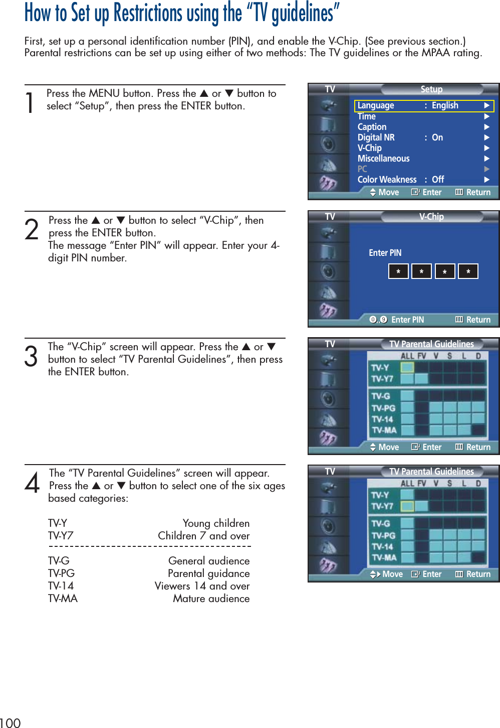 100How to Set up Restrictions using the “TV guidelines”First, set up a personal identification number (PIN), and enable the V-Chip. (See previous section.)Parental restrictions can be set up using either of two methods: The TV guidelines or the MPAA rating.1Press the MENU button. Press the ▲or ▼button toselect “Setup”, then press the ENTER button.2 Press the ▲or ▼button to select “V-Chip”, then press the ENTER button.The message “Enter PIN” will appear. Enter your 4- digit PIN number. 3The “V-Chip” screen will appear. Press the ▲or ▼button to select “TV Parental Guidelines”, then pressthe ENTER button.4 The “TV Parental Guidelines” screen will appear.Press the ▲or ▼button to select one of the six agesbased categories:TV-Y Young childrenTV-Y7 Children 7 and overTV-G General audienceTV-PG Parental guidanceTV-14 Viewers 14 and overTV-MA Mature audienceLanguage : English√Time√Caption√Digital NR : On√V-Chip√Miscellaneous√PC√Color Weakness : Off√SetupTVMove Enter ReturnTV Parental GuidelinesTVMove Enter ReturnEnter PINV-ChipTVEnter PIN Return****TV Parental GuidelinesTVMove Enter Return