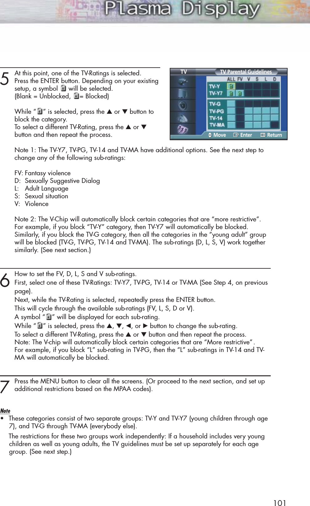 1015At this point, one of the TV-Ratings is selected.Press the ENTER button. Depending on your existingsetup, a symbol will be selected.(Blank = Unblocked, = Blocked)While “ ” is selected, press the ▲or ▼button to block the category.To select a different TV-Rating, press the ▲or ▼button and then repeat the process.Note 1: The TV-Y7, TV-PG, TV-14 and TV-MA have additional options. See the next step to change any of the following sub-ratings:FV: Fantasy violenceD:  Sexually Suggestive DialogL:   Adult LanguageS:  Sexual situationV:  ViolenceNote 2: The V-Chip will automatically block certain categories that are “more restrictive”.For example, if you block “TV-Y” category, then TV-Y7 will automatically be blocked.Similarly, if you block the TV-G category, then all the categories in the “young adult” group will be blocked (TV-G, TV-PG, TV-14 and TV-MA). The sub-ratings (D, L, S, V) work together similarly. (See next section.)6How to set the FV, D, L, S and V sub-ratings.First, select one of these TV-Ratings: TV-Y7, TV-PG, TV-14 or TV-MA (See Step 4, on previous page).Next, while the TV-Rating is selected, repeatedly press the ENTER button.This will cycle through the available sub-ratings (FV, L, S, D or V).A symbol “ ” will be displayed for each sub-rating. While “ ” is selected, press the ▲, ▼, œ, or √button to change the sub-rating.To select a different TV-Rating, press the ▲or ▼button and then repeat the process.Note: The V-chip will automatically block certain categories that are “More restrictive”.For example, if you block “L” sub-rating in TV-PG, then the “L” sub-ratings in TV-14 and TV-MA will automatically be blocked.7Press the MENU button to clear all the screens. (Or proceed to the next section, and set upadditional restrictions based on the MPAA codes).Note•These categories consist of two separate groups: TV-Y and TV-Y7 (young children through age7), and TV-G through TV-MA (everybody else).The restrictions for these two groups work independently: If a household includes very youngchildren as well as young adults, the TV guidelines must be set up separately for each agegroup. (See next step.)TV Parental GuidelinesTVMove Enter Return