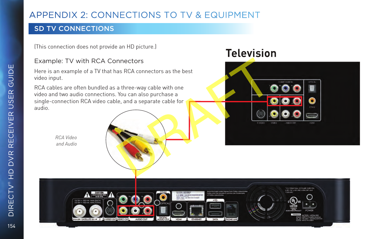154DIRECTV® HD DVR RECEIVER USER GUIDE(This connection does not provide an HD picture.)Example: TV with RCA ConnectorsHere is an example of a TV that has RCA connectors as the best video input.RCA cables are often bundled as a three-way cable with one video and two audio connections. You can also purchase a single-connection RCA video cable, and a separate cable for audio.SD TV CONNECTIONSRCA Video and AudioAPPENDIX 2:  CONNECTIONS TO TV &amp; EQUIPMENTDRAFT