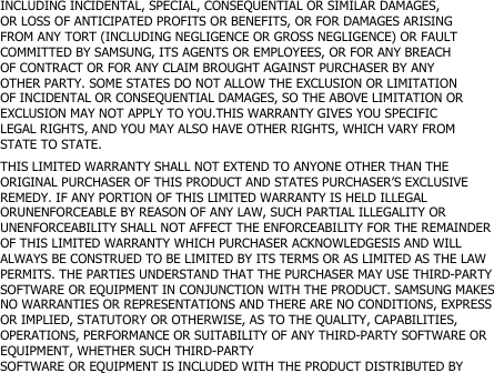 INCLUDING INCIDENTAL, SPECIAL, CONSEQUENTIAL OR SIMILAR DAMAGES,OR LOSS OF ANTICIPATED PROFITS OR BENEFITS, OR FOR DAMAGES ARISINGFROM ANY TORT (INCLUDING NEGLIGENCE OR GROSS NEGLIGENCE) OR FAULTCOMMITTED BY SAMSUNG, ITS AGENTS OR EMPLOYEES, OR FOR ANY BREACHOF CONTRACT OR FOR ANY CLAIM BROUGHT AGAINST PURCHASER BY ANYOTHER PARTY. SOME STATES DO NOT ALLOW THE EXCLUSION OR LIMITATIONOF INCIDENTAL OR CONSEQUENTIAL DAMAGES, SO THE ABOVE LIMITATION OREXCLUSION MAY NOT APPLY TO YOU.THIS WARRANTY GIVES YOU SPECIFICLEGAL RIGHTS, AND YOU MAY ALSO HAVE OTHER RIGHTS, WHICH VARY FROMSTATE TO STATE.THIS LIMITED WARRANTY SHALL NOT EXTEND TO ANYONE OTHER THAN THEORIGINAL PURCHASER OF THIS PRODUCT AND STATES PURCHASER’S EXCLUSIVEREMEDY. IF ANY PORTION OF THIS LIMITED WARRANTY IS HELD ILLEGALORUNENFORCEABLE BY REASON OF ANY LAW, SUCH PARTIAL ILLEGALITY ORUNENFORCEABILITY SHALL NOT AFFECT THE ENFORCEABILITY FOR THE REMAINDEROF THIS LIMITED WARRANTY WHICH PURCHASER ACKNOWLEDGESIS AND WILLALWAYS BE CONSTRUED TO BE LIMITED BY ITS TERMS OR AS LIMITED AS THE LAWPERMITS. THE PARTIES UNDERSTAND THAT THE PURCHASER MAY USE THIRD-PARTYSOFTWARE OR EQUIPMENT IN CONJUNCTION WITH THE PRODUCT. SAMSUNG MAKESNO WARRANTIES OR REPRESENTATIONS AND THERE ARE NO CONDITIONS, EXPRESSOR IMPLIED, STATUTORY OR OTHERWISE, AS TO THE QUALITY, CAPABILITIES,OPERATIONS, PERFORMANCE OR SUITABILITY OF ANY THIRD-PARTY SOFTWARE OREQUIPMENT, WHETHER SUCH THIRD-PARTYSOFTWARE OR EQUIPMENT IS INCLUDED WITH THE PRODUCT DISTRIBUTED BY