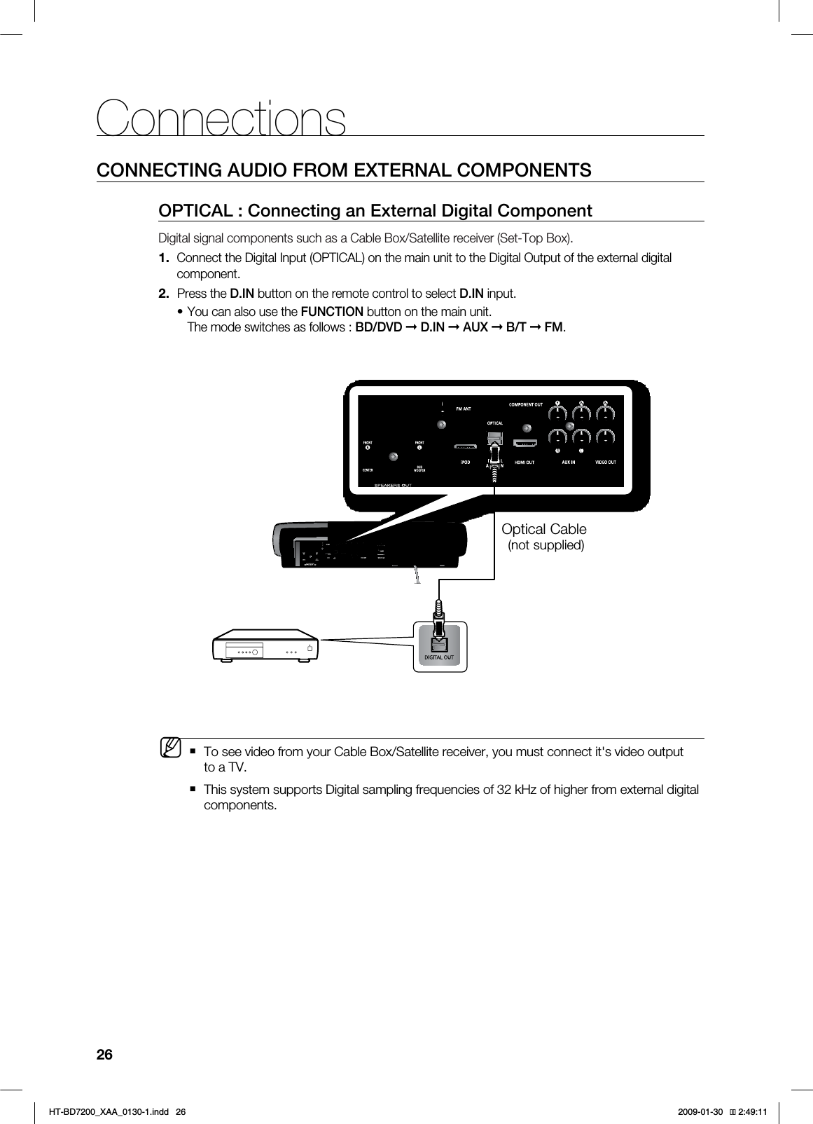 26ConnectionsCONNECTING AUDIO FROM EXTERNAL COMPONENTSOPTICAL : Connecting an External Digital ComponentDigital signal components such as a Cable Box/Satellite receiver (Set-Top Box).     Connect the Digital Input (OPTICAL) on the main unit to the Digital Output of the external digital component. Press the D.IN button on the remote control to select D.IN input.You can also use the FUNCTION button on the main unit.The mode switches as follows : BD/DVD ➞ D.IN ➞AUX ➞B/T ➞FM.To see video from your Cable Box/Satellite receiver, you must connect it&apos;s video output to a TV.This system supports Digital sampling frequencies of 32 kHz of higher from external digital components.1.2.•MOptical Cable (not supplied)HT-BD7200_XAA_0130-1.indd   26 