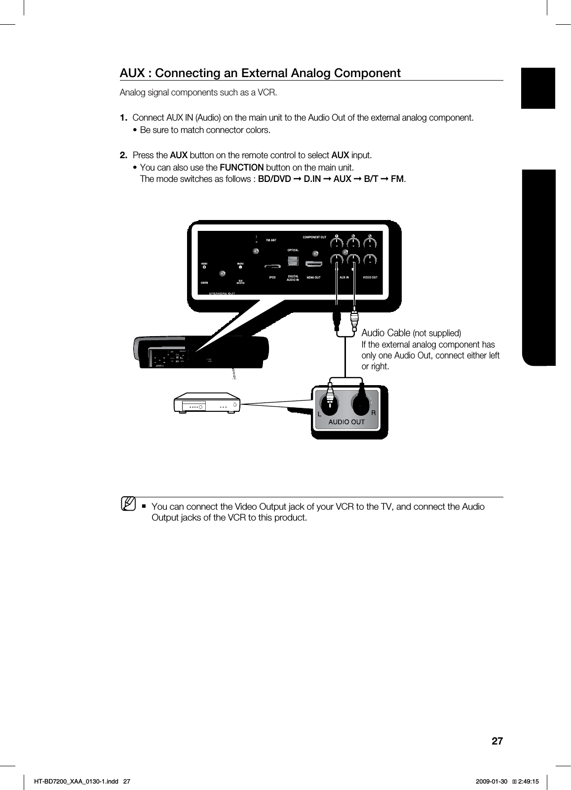 27ENG CONNECTIONSAUX : Connecting an External Analog ComponentAnalog signal components such as a VCR. Connect AUX IN (Audio) on the main unit to the Audio Out of the external analog component. Be sure to match connector colors. Press the AUX button on the remote control to select AUX input. You can also use the FUNCTION button on the main unit.The mode switches as follows : BD/DVD D.IN AUX B/T FM. You can connect the Video Output jack of your VCR to the TV, and connect the Audio Output jacks of the VCR to this product.1.•2.•MAudio Cable (not supplied)If the external analog component has only one Audio Out, connect either left or right.HT-BD7200_XAA_0130-1.indd 27 