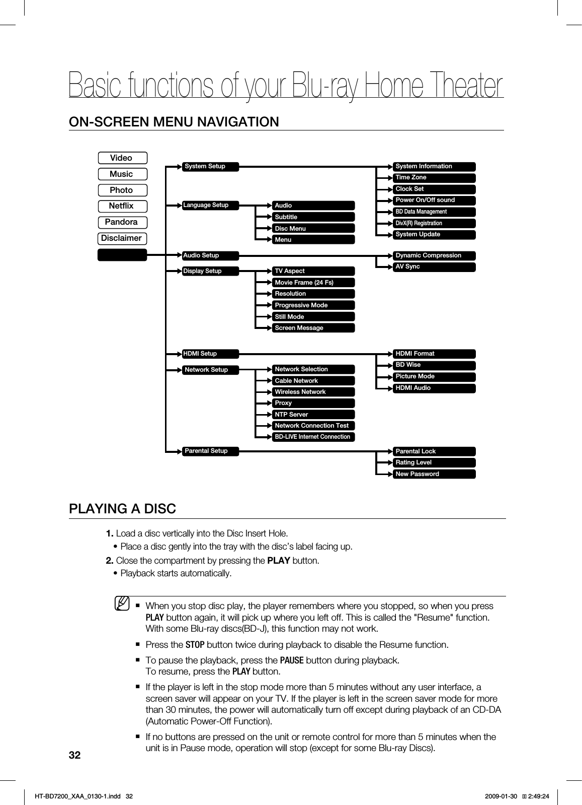 Basic functions of your Blu-ray Home Theater32ON-SCREEN MENU NAVIGATION"VEJP4VCUJUMF%JTD.FOV.FOV57"TQFDU.PWJF'SBNF'T3FTPMVUJPO1SPHSFTTJWF.PEF4UJMM.PEF4DSFFO.FTTBHF/FUXPSL4FMFDUJPO$BCMF/FUXPSL8JSFMFTT/FUXPSL1SPYZ/514FSWFS/FUXPSL$POOFDUJPO5FTU#%-*7&*OUFSOFU$POOFDUJPO7JEFP.VTJD1IPUP/FUnJY1BOEPSB%JTDMBJNFS4FUVQ4ZTUFN4FUVQ-BOHVBHF4FUVQ"VEJP4FUVQ%JTQMBZ4FUVQ)%.*4FUVQ/FUXPSL4FUVQ1BSFOUBM4FUVQ4ZTUFN*OGPSNBUJPO5JNF;POF$MPDL4FU1PXFS0O0GGTPVOE#%%BUB.BOBHFNFOU%JW933FHJTUSBUJPO4ZTUFN6QEBUF%ZOBNJD$PNQSFTTJPO"74ZOD)%.*'PSNBU#%8JTF1JDUVSF.PEF)%.*"VEJP1BSFOUBM-PDL3BUJOH-FWFM/FX1BTTXPSE1-":*/("%*4$-PBEBEJTDWFSUJDBMMZJOUPUIF%JTD*OTFSU)PMFPlace a disc gently into the tray with the disc’s label facing up.$MPTFUIFDPNQBSUNFOUCZQSFTTJOHUIF1-":CVUUPO1MBZCBDLTUBSUTBVUPNBUJDBMMZ8IFOZPVTUPQEJTDQMBZUIFQMBZFSSFNFNCFSTXIFSFZPVTUPQQFETPXIFOZPVQSFTT1-":CVUUPOBHBJOJUXJMMQJDLVQXIFSFZPVMFGUPGG5IJTJTDBMMFEUIF3FTVNFGVODUJPO8JUITPNF#MVSBZEJTDT#%+UIJTGVODUJPONBZOPUXPSL1SFTTUIF4501CVUUPOUXJDFEVSJOHQMBZCBDLUPEJTBCMFUIF3FTVNFGVODUJPO5PQBVTFUIFQMBZCBDLQSFTTUIF1"64&CVUUPOEVSJOHQMBZCBDL5PSFTVNFQSFTTUIF1-":CVUUPO*GUIFQMBZFSJTMFGUJOUIFTUPQNPEFNPSFUIBONJOVUFTXJUIPVUBOZVTFSJOUFSGBDFBTDSFFOTBWFSXJMMBQQFBSPOZPVS57*GUIFQMBZFSJTMFGUJOUIFTDSFFOTBWFSNPEFGPSNPSFUIBONJOVUFTUIFQPXFSXJMMBVUPNBUJDBMMZUVSOPGGFYDFQUEVSJOHQMBZCBDLPGBO$%%""VUPNBUJD1PXFS0GG'VODUJPO*GOPCVUUPOTBSFQSFTTFEPOUIFVOJUPSSFNPUFDPOUSPMGPSNPSFUIBONJOVUFTXIFOUIFVOJUJTJO1BVTFNPEFPQFSBUJPOXJMMTUPQFYDFQUGPSTPNF#MVSBZ%JTDT••MHT-BD7200_XAA_0130-1.indd 32 