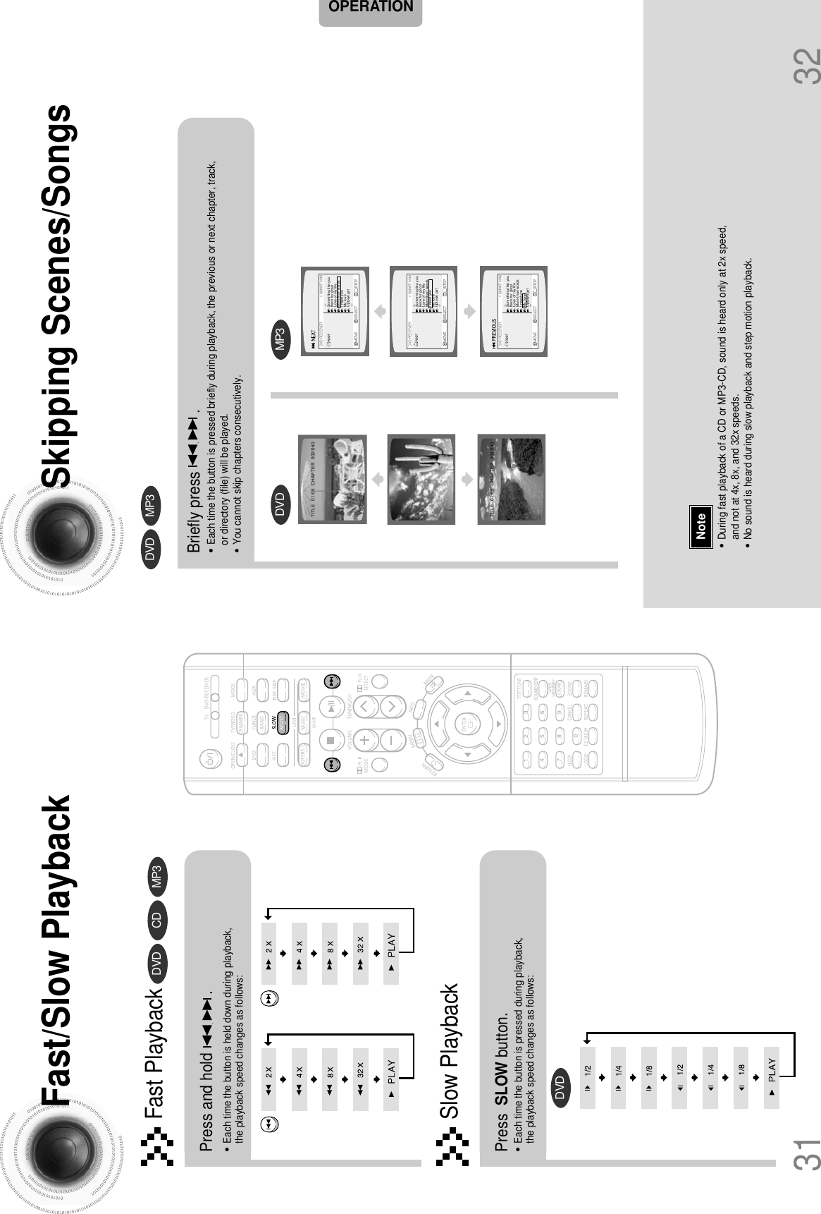 Skipping Scenes/Songs32DVD MP3DVD MP3Briefly press              .•Each time the button is pressed briefly during playback, the previous or next chapter, track,or directory (file) will be played.•You cannot skip chapters consecutively.•During fast playback of a CD or MP3-CD, sound is heard only at 2x speed,and not at 4x, 8x, and 32x speeds.•No sound is heard during slow playback and step motion playback.TITLE  01/05  CHAPTER  002/040TITLE  01/05  CHAPTER  004/040Fast/Slow PlaybackFast PlaybackDVD CD MP3Press and hold              .•Each time the button is held down during playback, the playback speed changes as follows:Press SLOW button.•Each time the button is pressed during playback, the playback speed changes as follows:Slow PlaybackDVD31NoteOPERATIONSomething like youBack for goodLove of my lifeMore than wordsI need youMy loveUptown girlDVD RECEIVER                                     SMART NAVISomething like youBack for goodLove of my lifeMore than wordsI need youMy loveUptown girlDVD RECEIVER                                     SMART NAVISomething like youBack for goodLove of my lifeMore than wordsI need youMy loveUptown girlDVD RECEIVER                                     SMART NAVI