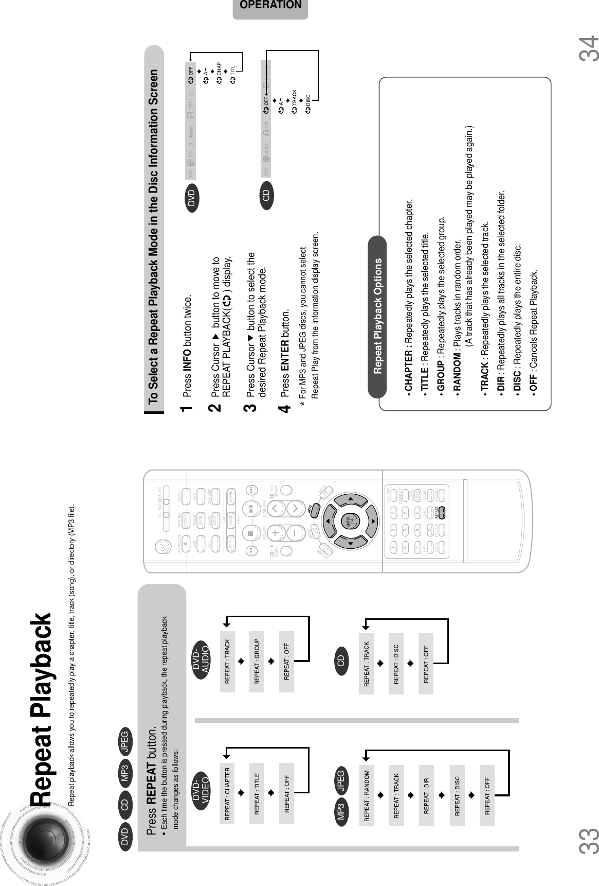 34Repeat PlaybackRepeat playback allows you to repeatedly play a chapter, title, track (song), or directory (MP3 file).33Press REPEAT button.•Each time the button is pressed during playback, the repeat playbackmode changes as follows:CDMP3 JPEG• CHAPTER : Repeatedly plays the selected chapter.• TITLE : Repeatedly plays the selected title.• GROUP : Repeatedly plays the selected group.• RANDOM : Plays tracks in random order.(A track that has already been played may be played again.)• TRACK : Repeatedly plays the selected track.• DIR : Repeatedly plays all tracks in the selected folder.• DISC : Repeatedly plays the entire disc.• OFF : Cancels Repeat Playback.DVD CD MP3 JPEGOPERATIONDVD-VIDEO DVD-AUDIOTo Select a Repeat Playback Mode in the Disc Information ScreenPress INFO button twice.1Press Cursor      button to move toREPEAT PLAYBACK(      ) display.2Press Cursor     button to select thedesired Repeat Playback mode.3DVDCD*For MP3 and JPEG discs, you cannot selectRepeat Play from the information display screen.Press ENTER button. 4Repeat Playback Options