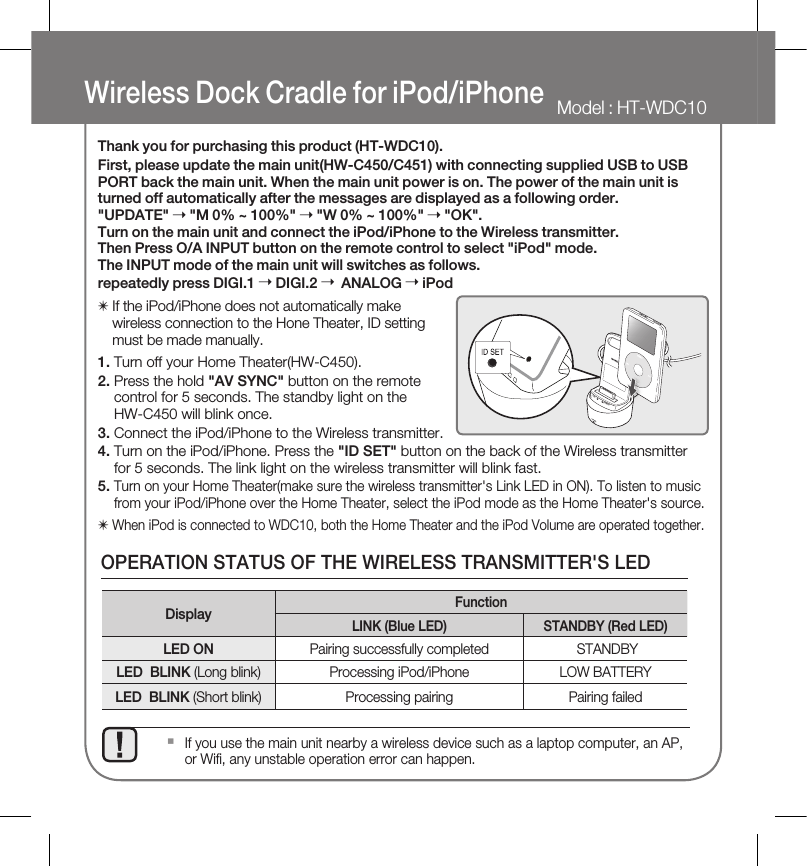 Wireless Dock Cradle for iPod/iPhoneModel : HT-WDC10Thank you for purchasing this product (HT-WDC10).First, please update the main unit(HW-C450/C451) with connecting supplied USB to USB PORT back the main unit. When the main unit power is on. The power of the main unit is turned off automatically after the messages are displayed as a following order.  &quot;UPDATE&quot; ➝ &quot;M 0% ~ 100%&quot; ➝ &quot;W 0% ~ 100%&quot; ➝ &quot;OK&quot;.Turn on the main unit and connect the iPod/iPhone to the Wireless transmitter. Then Press O/A INPUT button on the remote control to select &quot;iPod&quot; mode.The INPUT mode of the main unit will switches as follows. repeatedly press DIGI.1 ➝ DIGI.2 ➝  ANALOG ➝ iPod✴  If the iPod/iPhone does not automatically make wireless connection to the Hone Theater, ID setting must be made manually.1. Turn off your Home Theater(HW-C450).2.  Press the hold &quot;AV SYNC&quot; button on the remote control for 5 seconds. The standby light on the HW-C450 will blink once.3.  Connect the iPod/iPhone to the Wireless transmitter.4.  Turn on the iPod/iPhone. Press the &quot;ID SET&quot; button on the back of the Wireless transmitter for 5 seconds. The link light on the wireless transmitter will blink fast.5.  Turn on your Home Theater(make sure the wireless transmitter&apos;s Link LED in ON). To listen to music from your iPod/iPhone over the Home Theater, select the iPod mode as the Home Theater&apos;s source.✴  When iPod is connected to WDC10, both the Home Theater and the iPod Volume are operated together. DisplayFunctionLINK (Blue LED) STANDBY (Red LED)LED ON Pairing successfully completed  STANDBYLED  BLINK (Long blink) Processing iPod/iPhone LOW BATTERYLED  BLINK (Short blink)  Processing pairing Pairing failedOPERATION STATUS OF THE WIRELESS TRANSMITTER&apos;S LED  If you use the main unit nearby a wireless device such as a laptop computer, an AP, or Wiﬁ , any unstable operation error can happen.▪STANDBYLINKCHARGE