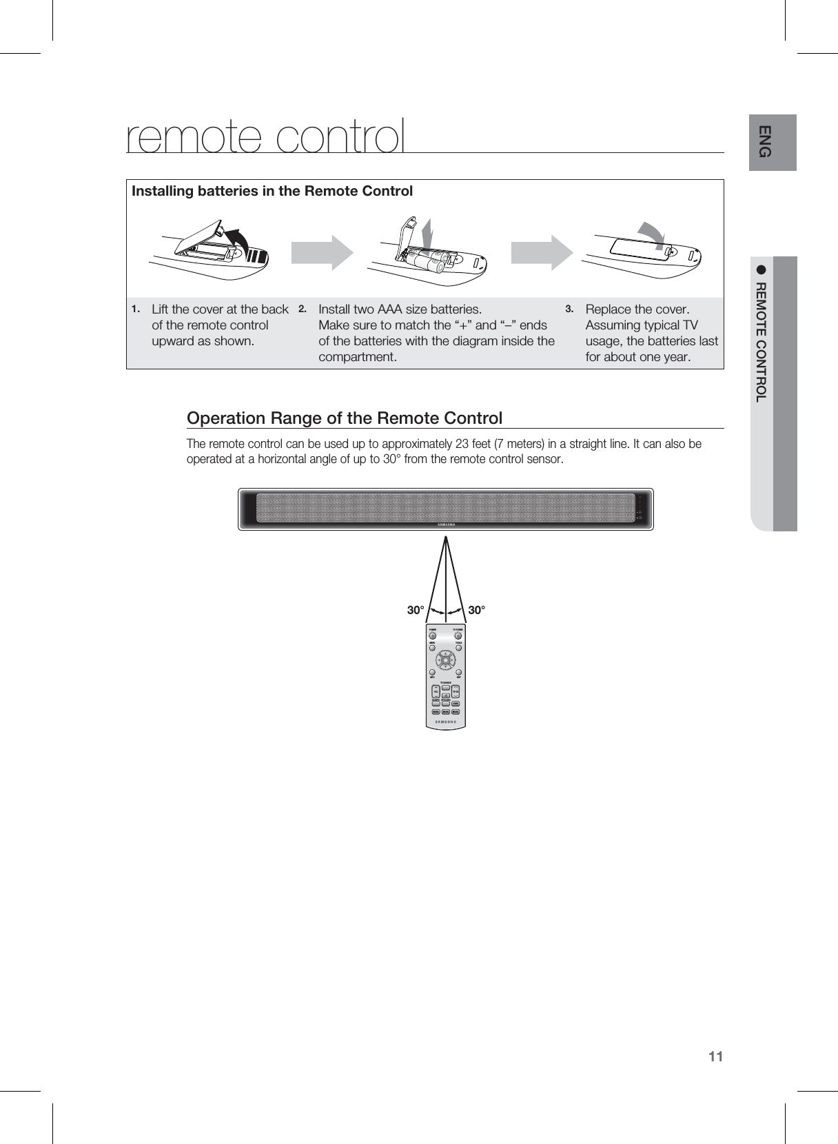 11ENG MREMOTE CONTROLremote controlPCMDOLBYDTSNEWSCINEMAMUSICPOWER TV POWERMENU TOOLSINFOTV SOURCEOPTIC SYNCO/A INPUTEXITVOL TV CHPASSMUSICMUSICMUSIC30°30°Operation Range of the Remote ControlThe remote control can be used up to approximately 23 feet (7 meters) in a straight line. It can also be operated at a horizontal angle of up to 30° from the remote control sensor.Installing batteries in the Remote Control1. Lift the cover at the back of the remote control upward as shown.2. Install two AAA size batteries. Make sure to match the “+” and “–” ends of the batteries with the diagram inside the compartment.3. Replace the cover. Assuming typical TV usage, the batteries last for about one year. 