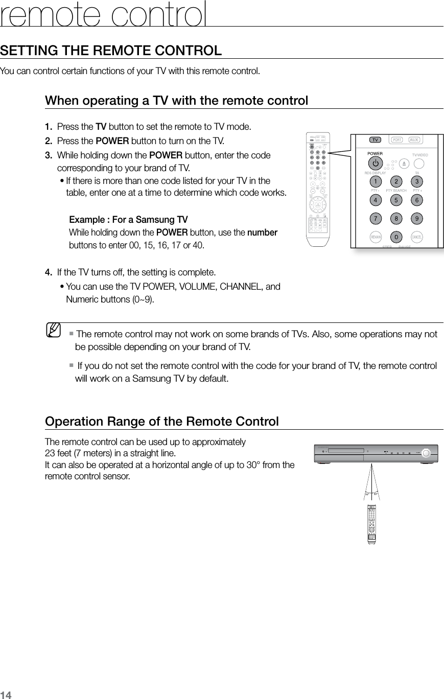 14Operation Range of the Remote ControlThe remote control can be used up to approximately  23 feet (7 meters) in a straight line.  It can also be operated at a horizontal angle of up to 30° from the remote control sensor.When operating a TV with the remote control1.   Press the TV button to set the remote to TV mode. 2.   Press the POWER button to turn on the TV.3.  While holding down the POWER button, enter the code          corresponding to your brand of TV.If there is more than one code listed for your TV in the •table, enter one at a time to determine which code works.   Example : For a Samsung TV While holding down the POWER button, use the number buttons to enter 00, 15, 16, 17 or 40. 4.   If the TV turns off, the setting is complete.   You can use the TV POWER, VOLUME, CHANNEL, and •Numeric buttons (0~9). M The remote control may not work on some brands of TVs. Also, some operations may not  `be possible depending on your brand of TV.   If you do not set the remote control with the code for your brand of TV, the remote control  `will work on a Samsung TV by default.  ASCCD RIPPINGSETTING THE REMOTE CONTROLYou can control certain functions of your TV with this remote control.remote control