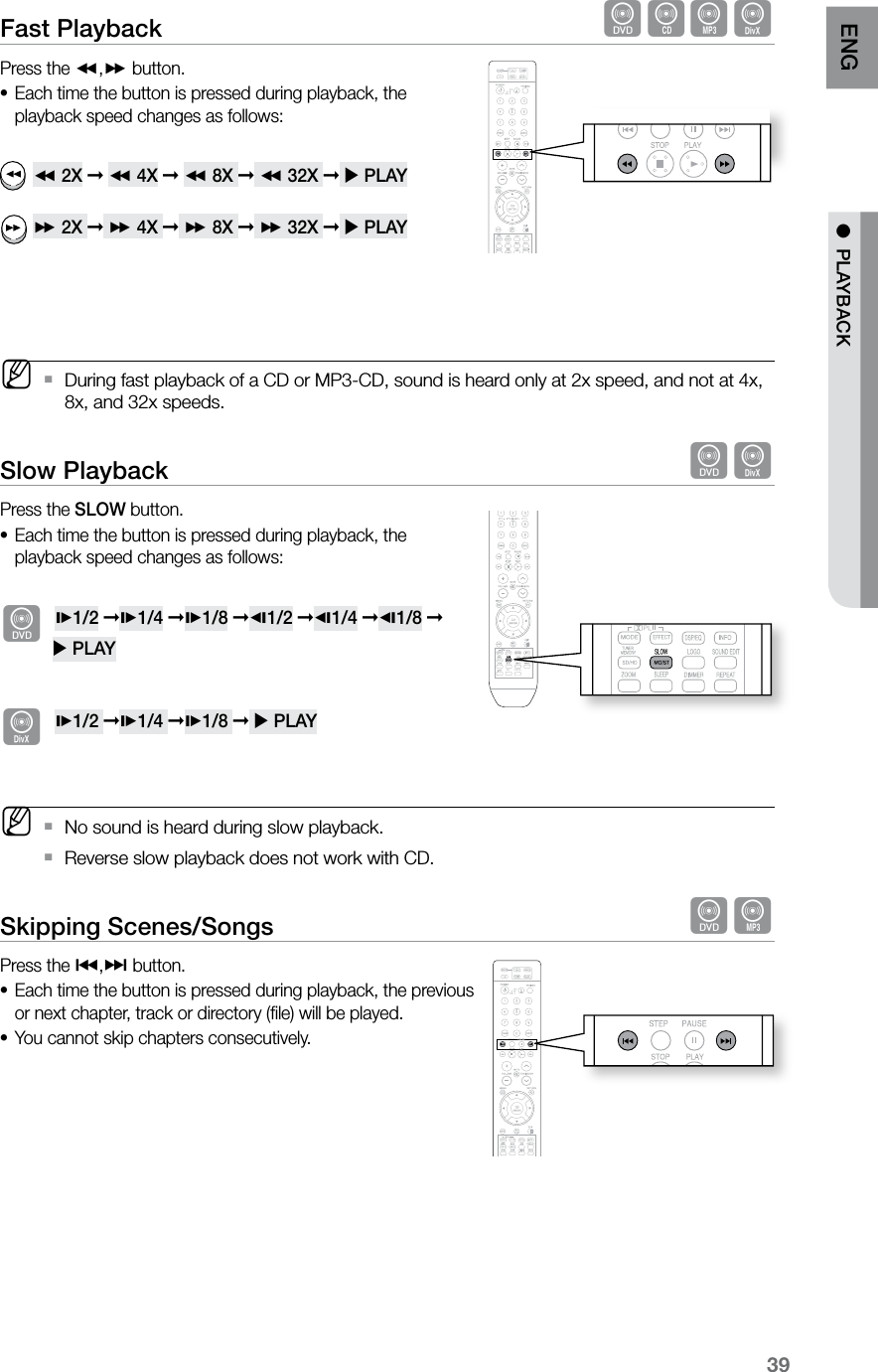 39ENG ●  PLAYBACKFast Playback  dBADPress the (,) button.Each time the button is pressed during playback, the •playback speed changes as follows: ( 2X ➞ ( 4X ➞ ( 8X ➞ ( 32X ➞  PLAY ) 2X ➞ ) 4X ➞ ) 8X ➞ ) 32X ➞  PLAY M During fast playback of a CD or MP3-CD, sound is heard only at 2x speed, and not at 4x,  `8x, and 32x speeds.Slow Playback  dDPress the SLOW button.Each time the button is pressed during playback, the •playback speed changes as follows: d*1/2 ➞*1/4 ➞*1/8 ➞&amp;1/2 ➞&amp;1/4 ➞&amp;1/8 ➞             PLAY D *1/2 ➞*1/4 ➞*1/8 ➞  PLAY M No sound is heard during slow playback. `Reverse slow playback does not work with CD. `Skipping Scenes/Songs  dAPress the [,] button.Each time the button is pressed during playback, the previous •or next chapter, track or directory (ﬁle) will be played.You cannot skip chapters consecutively.•  ASCCD RIPPING