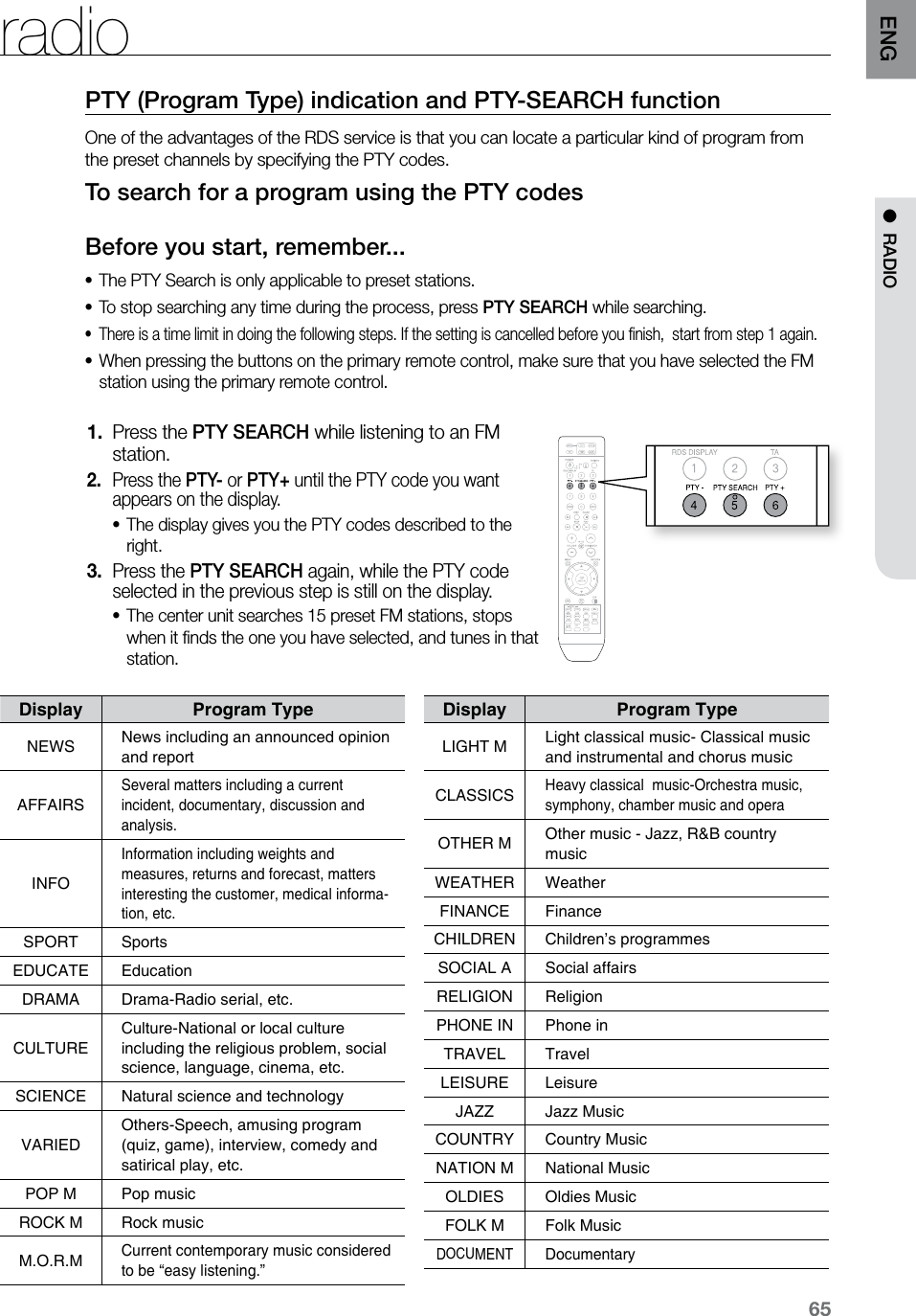 65ENG ● RADIOPTY (Program Type) indication and PTY-SEARCH function One of the advantages of the RDS service is that you can locate a particular kind of program from the preset channels by specifying the PTY codes.To search for a program using the PTY codesBefore you start, remember...The PTY Search is only applicable to preset stations.•To stop searching any time during the process, press • PTY SEARCH while searching.There is a time limit in doing the following steps. If the setting is cancelled before you finish, start from step 1 again.•When pressing the buttons on the primary remote control, make sure that you have selected the FM •station using the primary remote control.Press the 1. PTY SEARCH while listening to an FM station.Press the 2. PTY- or PTY+ until the PTY code you want appears on the display.The display gives you the PTY codes described to the •right.Press the 3. PTY SEARCH again, while the PTY code selected in the previous step is still on the display.The center unit searches 15 preset FM stations, stops •when it finds the one you have selected, and tunes in that station.Display Program TypeNEWS News including an announced opinion and reportAFFAIRSSeveral matters including a current incident, documentary, discussion and analysis.INFOInformation including weights and measures, returns and forecast, matters interesting the customer, medical informa-tion, etc.SPORT SportsEDUCATE EducationDRAMA Drama-Radio serial, etc.CULTURECulture-National or local culture including the religious problem, social science, language, cinema, etc.SCIENCE Natural science and technologyVARIEDOthers-Speech, amusing program (quiz, game), interview, comedy and satirical play, etc.POP M Pop musicROCK M Rock musicM.O.R.MCurrent contemporary music considered to be “easy listening.”Display Program TypeLIGHT M Light classical music- Classical music and instrumental and chorus musicCLASSICSHeavy classical music-Orchestra music, symphony, chamber music and operaOTHER M Other music - Jazz, R&B country musicWEATHER WeatherFINANCE FinanceCHILDREN Children’s programmesSOCIAL A Social affairsRELIGION ReligionPHONE IN Phone inTRAVEL TravelLEISURE LeisureJAZZ Jazz MusicCOUNTRY Country MusicNATION M National MusicOLDIES Oldies MusicFOLK M Folk MusicDOCUMENTDocumentary ASCCD RIPPINGradio
