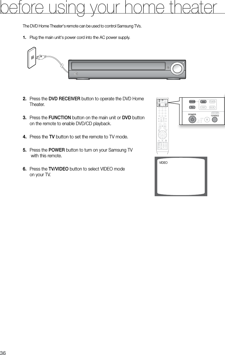 36The DVD Home Theater&apos;s remote can be used to control Samsung TVs.Plug the main unit&apos;s power cord into the AC power supply.1. Press the 2.  DVD RECEIVER button to operate the DVD Home Theater.  Press the 3.  FUNCTION button on the main unit or DVD button  on the remote to enable DVD/CD playback. Press the 4.  TV button to set the remote to TV mode. Press the 5.  POWER button to turn on your Samsung TV  with this remote.  Press the 6.  TV/VIDEO button to select VIDEO mode  on your TV. before using your home theaterVIDEO  CD RIPPING  S.VOL  AUDIO  UPSCALE