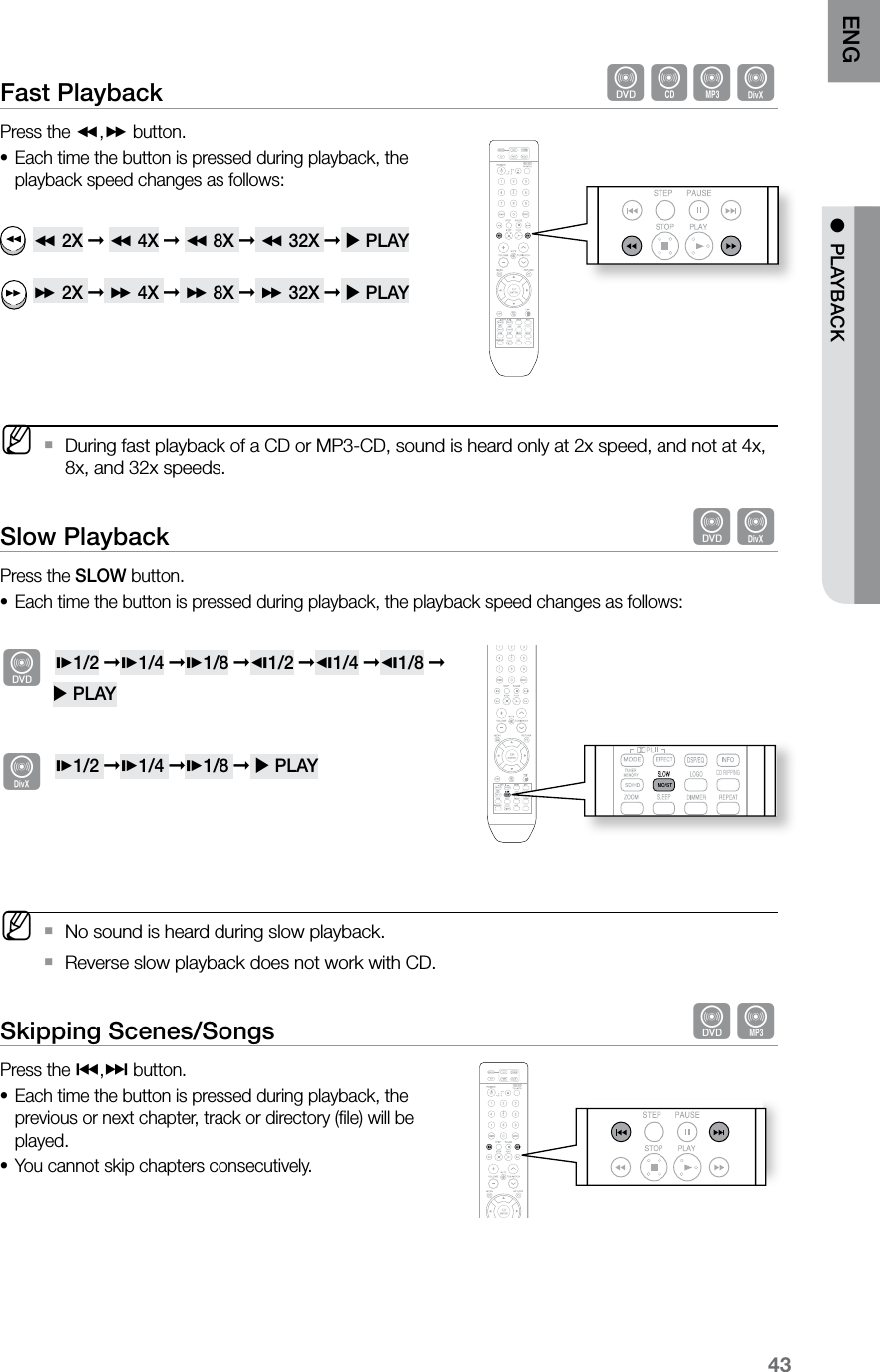 43ENG ●  PLAYBACKFast Playback  dBADPress the (,) button.Each time the button is pressed during playback, the •playback speed changes as follows: ( 2X ➞ ( 4X ➞ ( 8X ➞ ( 32X ➞  PLAY ) 2X ➞ ) 4X ➞ ) 8X ➞ ) 32X ➞  PLAY M During fast playback of a CD or MP3-CD, sound is heard only at 2x speed, and not at 4x,  `8x, and 32x speeds.Slow Playback  dDPress the SLOW button.Each time the button is pressed during playback, the playback speed changes as follows:• d*1/2 ➞*1/4 ➞*1/8 ➞&amp;1/2 ➞&amp;1/4 ➞&amp;1/8 ➞             PLAY D *1/2 ➞*1/4 ➞*1/8 ➞  PLAY M No sound is heard during slow playback. `Reverse slow playback does not work with CD. `Skipping Scenes/Songs  dAPress the [,] button.Each time the button is pressed during playback, the •previous or next chapter, track or directory (ﬁle) will be played.You cannot skip chapters consecutively.•  CD RIPPING  S.VOL  AUDIO  UPSCALE  CD RIPPING  S.VOL  AUDIO  UPSCALE  CD RIPPING