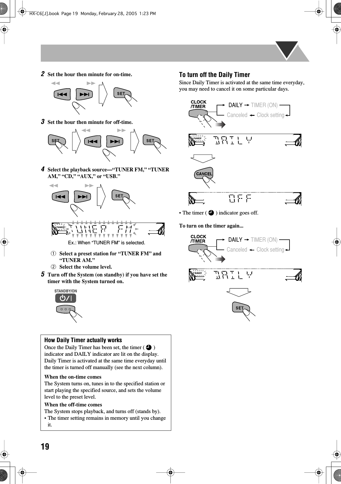  19 2 Set the hour then minute for on-time. 3 Set the hour then minute for off-time. 4 Select the playback source—“TUNER FM,” “TUNER AM,” “CD,” “AUX,” or “USB.”1 Select a preset station for “TUNER FM” and “TUNER AM.”2 Select the volume level. 5 Turn off the System (on standby) if you have set the timer with the System turned on. To turn off the Daily Timer Since Daily Timer is activated at the same time everyday, you may need to cancel it on some particular days.• The timer ( ) indicator goes off. To turn on the timer again... How Daily Timer actually works Once the Daily Timer has been set, the timer ( ) indicator and DAILY indicator are lit on the display. Daily Timer is activated at the same time everyday until the timer is turned off manually (see the next column). When the on-time comes The System turns on, tunes in to the specified station or start playing the specified source, and sets the volume level to the preset level.  When the off-time comes The System stops playback, and turns off (stands by).• The timer setting remains in memory until you change it.Ex.: When “TUNER FM” is selected.DAILY TIMER (ON)Canceled Clock settingDAILY TIMER (ON)Canceled Clock settingHX-C6[J].book Page 19 Monday, February 28, 2005 1:23 PM