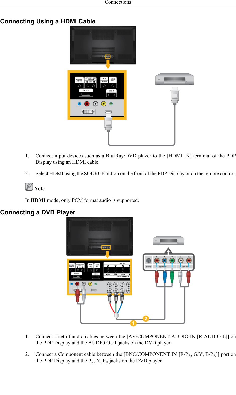 Connecting Using a HDMI Cable1. Connect input devices such as a Blu-Ray/DVD player to the [HDMI IN] terminal of the PDPDisplay using an HDMI cable.2. Select HDMI using the SOURCE button on the front of the PDP Display or on the remote control. NoteIn HDMI mode, only PCM format audio is supported.Connecting a DVD Player1. Connect a set of audio cables between the [AV/COMPONENT AUDIO IN [R-AUDIO-L]] onthe PDP Display and the AUDIO OUT jacks on the DVD player.2. Connect a Component cable between the [BNC/COMPONENT IN [R/PR, G/Y, B/PB]] port onthe PDP Display and the PR, Y, PB jacks on the DVD player.Connections