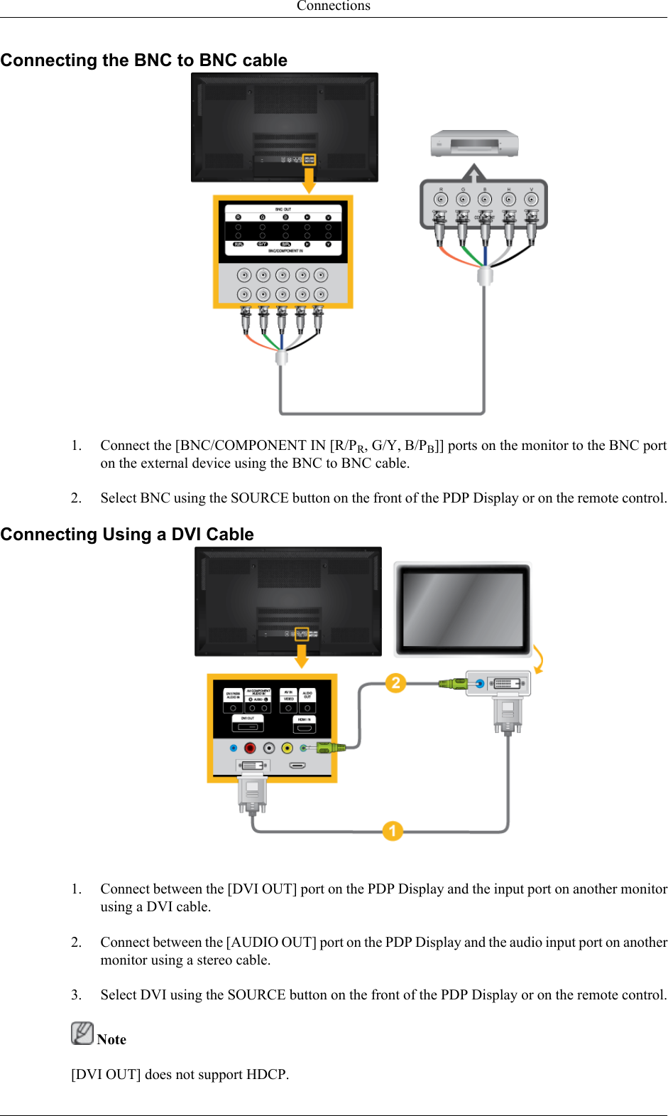 Connecting the BNC to BNC cable1. Connect the [BNC/COMPONENT IN [R/PR, G/Y, B/PB]] ports on the monitor to the BNC porton the external device using the BNC to BNC cable.2. Select BNC using the SOURCE button on the front of the PDP Display or on the remote control.Connecting Using a DVI Cable1. Connect between the [DVI OUT] port on the PDP Display and the input port on another monitorusing a DVI cable.2. Connect between the [AUDIO OUT] port on the PDP Display and the audio input port on anothermonitor using a stereo cable.3. Select DVI using the SOURCE button on the front of the PDP Display or on the remote control. Note[DVI OUT] does not support HDCP.Connections