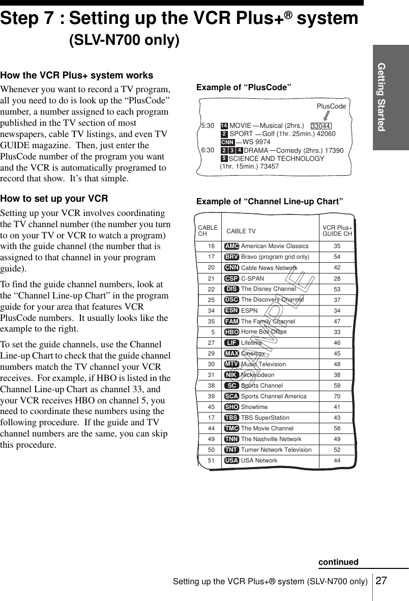 Getting Started27Setting up the VCR Plus+® system (SLV-N700 only)Step 7 : Setting up the VCR Plus+® system (SLV-N700 only)How the VCR Plus+ system worksWhenever you want to record a TV program, all you need to do is look up the “PlusCode” number, a number assigned to each program published in the TV section of most newspapers, cable TV listings, and even TV GUIDE magazine.  Then, just enter the PlusCode number of the program you want and the VCR is automatically programed to record that show.  It’s that simple.How to set up your VCRSetting up your VCR involves coordinating the TV channel number (the number you turn to on your TV or VCR to watch a program) with the guide channel (the number that is assigned to that channel in your program guide).To find the guide channel numbers, look at the “Channel Line-up Chart” in the program guide for your area that features VCR PlusCode numbers.  It usually looks like the example to the right.To set the guide channels, use the Channel Line-up Chart to check that the guide channel numbers match the TV channel your VCR receives.  For example, if HBO is listed in the Channel Line-up Chart as channel 33, and your VCR receives HBO on channel 5, you need to coordinate these numbers using the following procedure.  If the guide and TV channel numbers are the same, you can skip this procedure.5:306:30PlusCode142CNN2345SCIENCE AND TECHNOLOGY(1hr. 15min.) 73457DRAMAWS 9974SPORTMOVIE Musical (2hrs.)  33044Golf (1hr. 25min.) 42060Comedy (2hrs.) 17390SAMPLECABLE TVAMCBRVCNNCSPDISDSCESNFAMHBOLIFMAXMTVNIKSCSCASHOTBSTMCTNNTNTUSAVCR Plus+GUIDE CH355442285337344733464548385970414358495244American Movie ClassicsBravo (program grid only)Cable News NetworkC-SPANThe Disney ChannelThe Discovery ChannelESPNThe Family ChannelHome Box OfficeLifetimeCinemaxMusic TelevisionNickelodeonSports ChannelSports Channel AmericaShowtimeTBS SuperStationThe Movie ChannelThe Nashville NetworkTurner Network TelevisionUSA NetworkCABLECH16172021222534355272931383945174449505130Example of “PlusCode”Example of “Channel Line-up Chart”continued