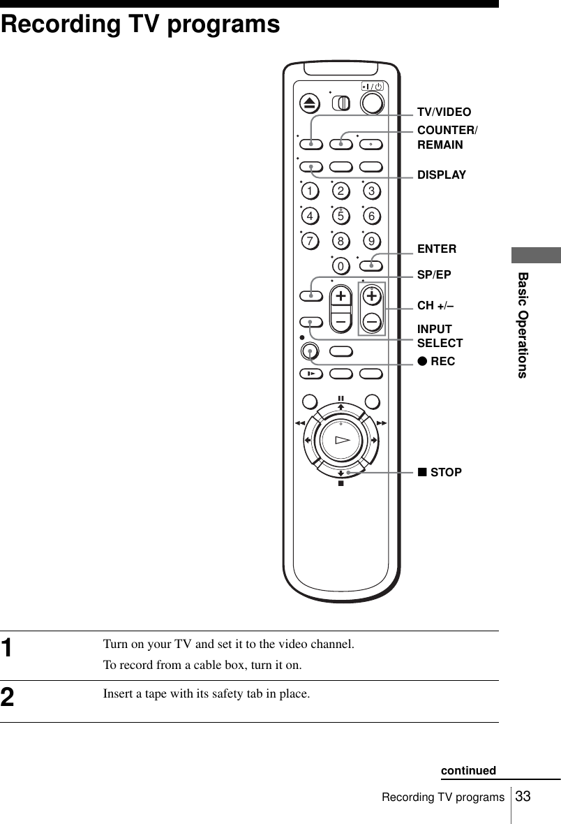 33Recording TV programsBasic OperationsRecording TV programs1Turn on your TV and set it to the video channel.To record from a cable box, turn it on.2Insert a tape with its safety tab in place.1234567890CH +/–zRECSP/EPxSTOPCOUNTER/REMAINDISPLAYTV/VIDEOENTERINPUT SELECTcontinued