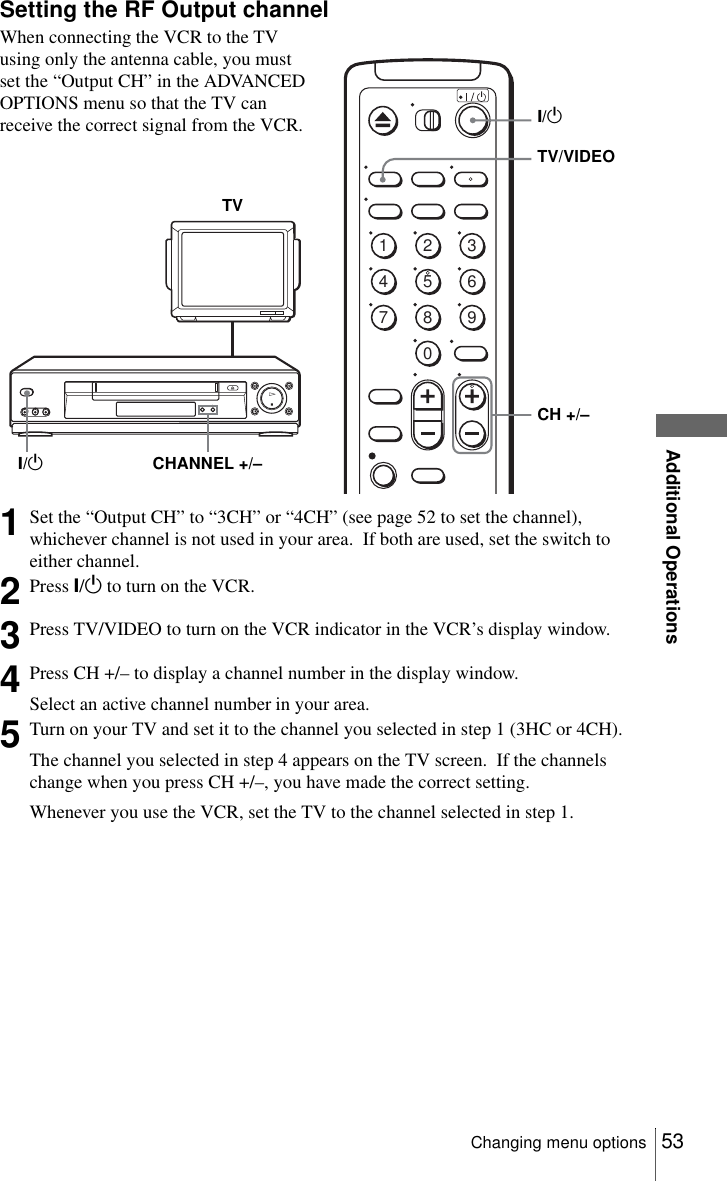 53Changing menu optionsAdditional OperationsSetting the RF Output channelWhen connecting the VCR to the TV using only the antenna cable, you must set the “Output CH” in the ADVANCED OPTIONS menu so that the TV can receive the correct signal from the VCR.1Set the “Output CH” to “3CH” or “4CH” (see page 52 to set the channel), whichever channel is not used in your area.  If both are used, set the switch to either channel.2Press ?/1 to turn on the VCR.3Press TV/VIDEO to turn on the VCR indicator in the VCR’s display window.4Press CH +/– to display a channel number in the display window.Select an active channel number in your area.5Turn on your TV and set it to the channel you selected in step 1 (3HC or 4CH).The channel you selected in step 4 appears on the TV screen.  If the channels change when you press CH +/–, you have made the correct setting.Whenever you use the VCR, set the TV to the channel selected in step 1.TVCHANNEL +/–?/11234567890?/1CH +/–TV/VIDEO