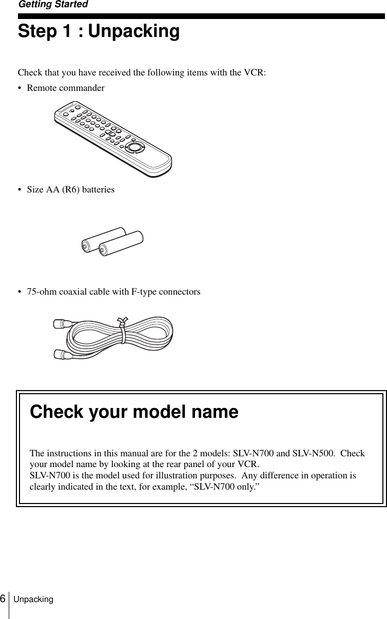 6UnpackingGetting StartedStep 1 : UnpackingCheck that you have received the following items with the VCR:• Remote commander• Size AA (R6) batteries• 75-ohm coaxial cable with F-type connectorsCheck your model nameThe instructions in this manual are for the 2 models: SLV-N700 and SLV-N500.  Check your model name by looking at the rear panel of your VCR.  SLV-N700 is the model used for illustration purposes.  Any difference in operation is clearly indicated in the text, for example, “SLV-N700 only.”