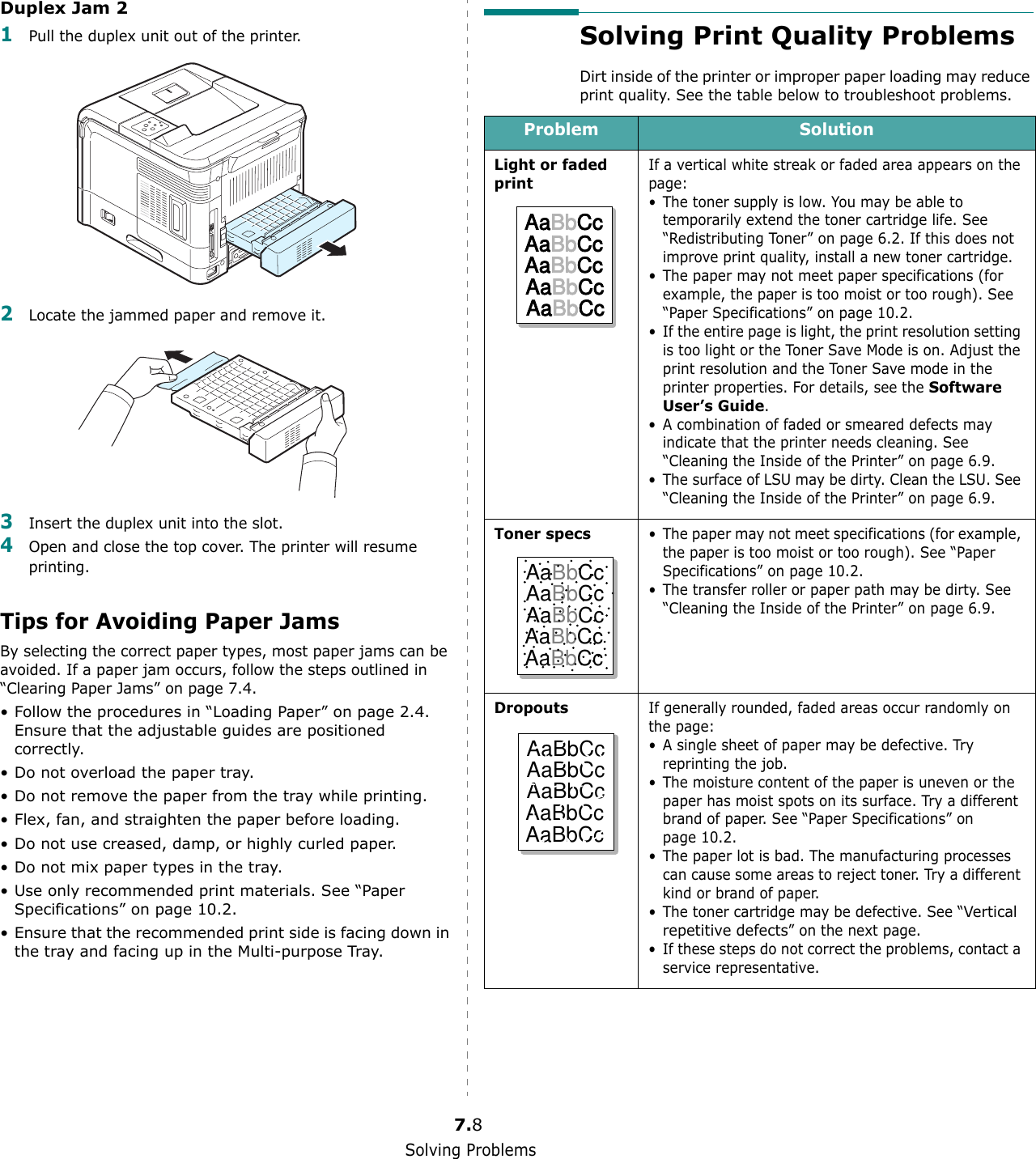 Solving Problems7.8Duplex Jam 21Pull the duplex unit out of the printer.2Locate the jammed paper and remove it.3Insert the duplex unit into the slot.4Open and close the top cover. The printer will resume printing. Tips for Avoiding Paper JamsBy selecting the correct paper types, most paper jams can be avoided. If a paper jam occurs, follow the steps outlined in “Clearing Paper Jams” on page 7.4. • Follow the procedures in “Loading Paper” on page 2.4. Ensure that the adjustable guides are positioned correctly.• Do not overload the paper tray.• Do not remove the paper from the tray while printing.• Flex, fan, and straighten the paper before loading. • Do not use creased, damp, or highly curled paper.• Do not mix paper types in the tray.• Use only recommended print materials. See “Paper Specifications” on page 10.2.• Ensure that the recommended print side is facing down in the tray and facing up in the Multi-purpose Tray.Solving Print Quality ProblemsDirt inside of the printer or improper paper loading may reduce print quality. See the table below to troubleshoot problems. Problem SolutionLight or faded printIf a vertical white streak or faded area appears on the page:• The toner supply is low. You may be able to temporarily extend the toner cartridge life. See “Redistributing Toner” on page 6.2. If this does not improve print quality, install a new toner cartridge.• The paper may not meet paper specifications (for example, the paper is too moist or too rough). See “Paper Specifications” on page 10.2.• If the entire page is light, the print resolution setting is too light or the Toner Save Mode is on. Adjust the print resolution and the Toner Save mode in the printer properties. For details, see the Software User’s Guide.• A combination of faded or smeared defects may indicate that the printer needs cleaning. See “Cleaning the Inside of the Printer” on page 6.9.• The surface of LSU may be dirty. Clean the LSU. See “Cleaning the Inside of the Printer” on page 6.9.Toner specs• The paper may not meet specifications (for example, the paper is too moist or too rough). See “Paper Specifications” on page 10.2.• The transfer roller or paper path may be dirty. See “Cleaning the Inside of the Printer” on page 6.9.DropoutsIf generally rounded, faded areas occur randomly on the page:• A single sheet of paper may be defective. Try reprinting the job.• The moisture content of the paper is uneven or the paper has moist spots on its surface. Try a different brand of paper. See “Paper Specifications” on page 10.2.• The paper lot is bad. The manufacturing processes can cause some areas to reject toner. Try a different kind or brand of paper.• The toner cartridge may be defective. See “Vertical repetitive defects” on the next page.• If these steps do not correct the problems, contact a service representative.AaBbCcAaBbCcAaBbCcAaBbCcAaBbCcAaBbCcAaBbCcAaBbCcAaBbCcAaBbCcAaBbCcAaBbCcAaBbCcAaBbCcAaBbCc