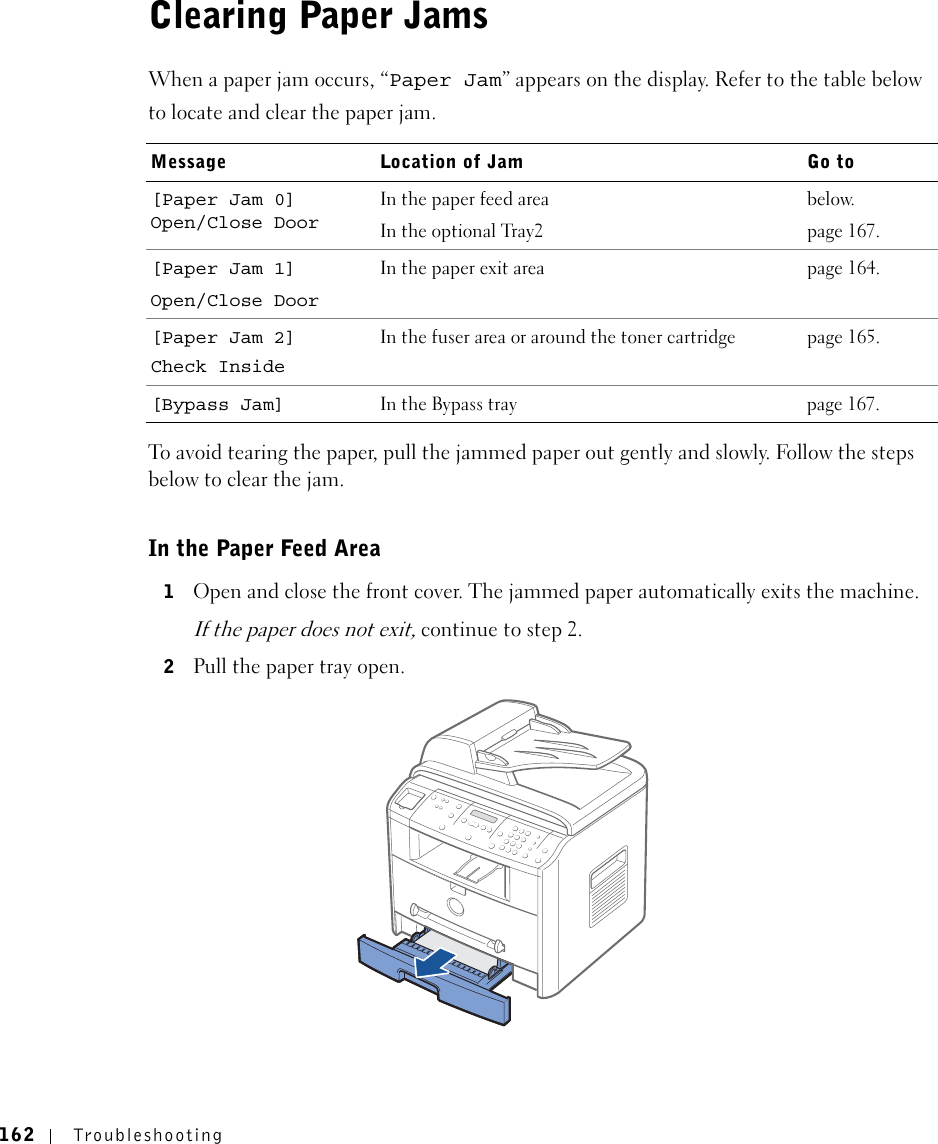 162 TroubleshootingClearing Paper JamsWhen a paper jam occurs, “Paper Jam” appears on the display. Refer to the table below to locate and clear the paper jam.To avoid tearing the paper, pull the jammed paper out gently and slowly. Follow the steps below to clear the jam. In the Paper Feed Area1Open and close the front cover. The jammed paper automatically exits the machine.If the paper does not exit, continue to step 2.2Pull the paper tray open. Message Location of Jam Go to[Paper Jam 0]Open/Close DoorIn the paper feed areaIn the optional Tray2below.page 167.[Paper Jam 1]Open/Close DoorIn the paper exit area page 164.[Paper Jam 2]Check InsideIn the fuser area or around the toner cartridge page 165.[Bypass Jam] In the Bypass tray page 167.