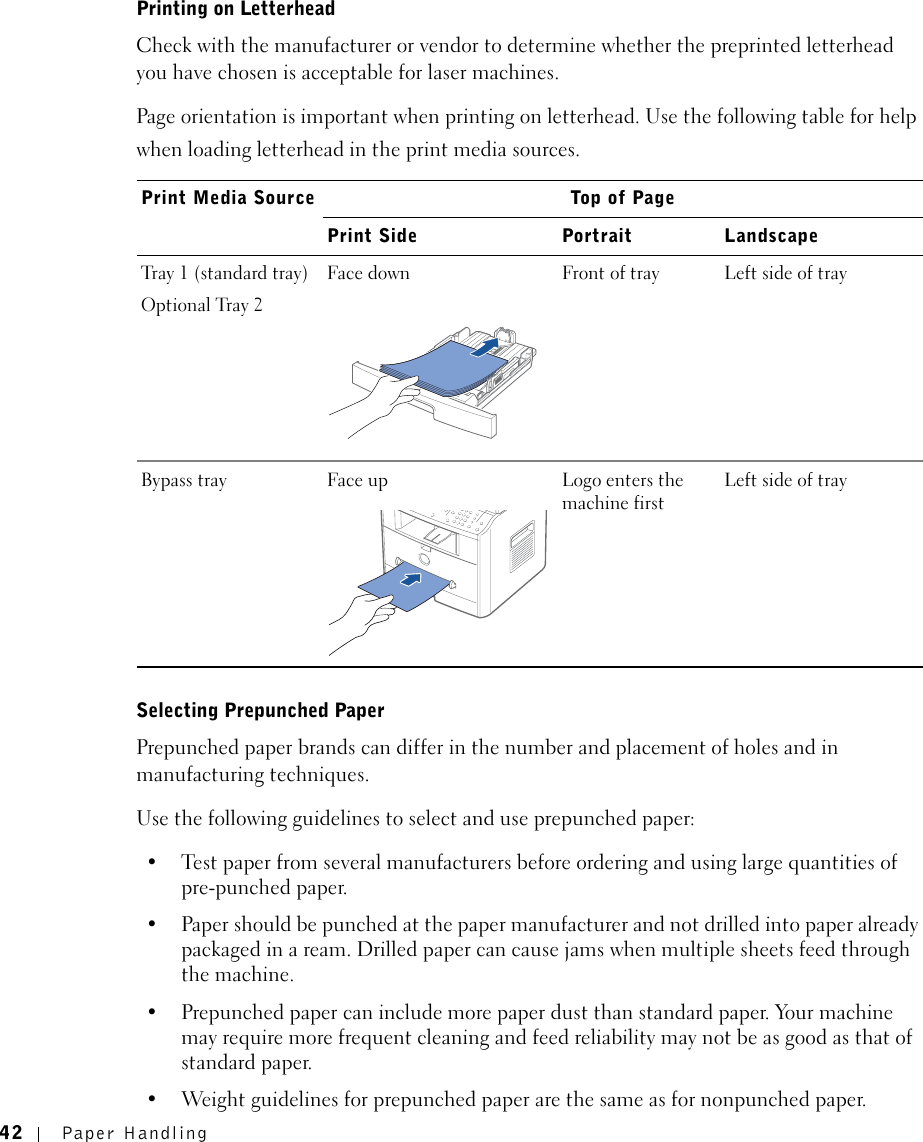 42 Paper HandlingPrinting on LetterheadCheck with the manufacturer or vendor to determine whether the preprinted letterhead you have chosen is acceptable for laser machines.Page orientation is important when printing on letterhead. Use the following table for help when loading letterhead in the print media sources.Selecting Prepunched PaperPrepunched paper brands can differ in the number and placement of holes and in manufacturing techniques.Use the following guidelines to select and use prepunched paper:• Test paper from several manufacturers before ordering and using large quantities of pre-punched paper.• Paper should be punched at the paper manufacturer and not drilled into paper already packaged in a ream. Drilled paper can cause jams when multiple sheets feed through the machine.• Prepunched paper can include more paper dust than standard paper. Your machine may require more frequent cleaning and feed reliability may not be as good as that of standard paper.• Weight guidelines for prepunched paper are the same as for nonpunched paper.Print Media Source Top of PagePrint Side Portrait LandscapeTray 1 (standard tray) Optional Tray 2 Face down  Front of tray  Left side of tray Bypass tray Face up Logo enters the machine firstLeft side of tray 