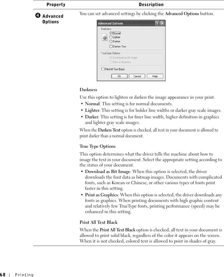 68 PrintingAdvanced Options You can set advanced settings by clicking the Advanced Options button. DarknessUse this option to lighten or darken the image appearance in your print.•Normal: This setting is for normal documents.•Lighter: This setting is for bolder line widths or darker gray scale images.•Darker: This setting is for finer line width, higher definition in graphics and lighter gray scale images.When the Darken Text option is checked, all text in your document is allowed to print darker than a normal document. True Type OptionsThis option determines what the driver tells the machine about how to image the text in your document. Select the appropriate setting according to the status of your document.•Download as Bit Image: When this option is selected, the driver downloads the font data as bitmap images. Documents with complicated fonts, such as Korean or Chinese, or other various types of fonts print faster in this setting. •Print as Graphics: When this option is selected, the driver downloads any fonts as graphics. When printing documents with high graphic content and relatively few TrueType fonts, printing performance (speed) may be enhanced in this setting.Print All Text BlackWhen the Print All Text Black option is checked, all text in your document is allowed to print solid black, regardless of the color it appears on the screen. When it is not checked, colored text is allowed to print in shades of gray.Property Description➍