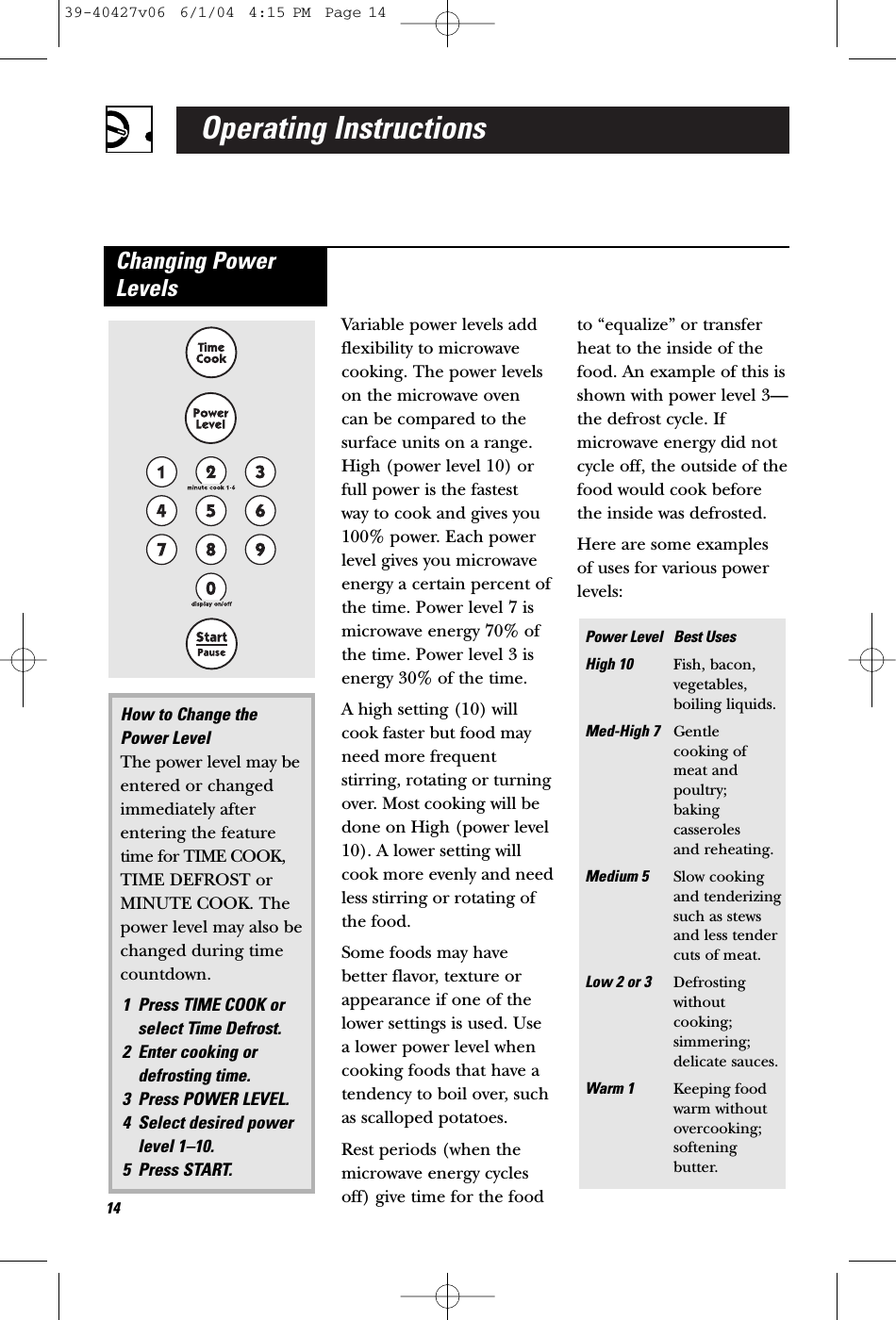 Operating InstructionsVariable power levels addflexibility to microwavecooking. The power levelson the microwave oven can be compared to thesurface units on a range.High (power level 10) orfull power is the fastest way to cook and gives you100% power. Each powerlevel gives you microwaveenergy a certain percent ofthe time. Power level 7 ismicrowave energy 70% ofthe time. Power level 3 isenergy 30% of the time.A high setting (10) willcook faster but food mayneed more frequentstirring, rotating or turningover. Most cooking will bedone on High (power level10). A lower setting willcook more evenly and needless stirring or rotating ofthe food. Some foods may havebetter flavor, texture orappearance if one of thelower settings is used. Usea lower power level whencooking foods that have atendency to boil over, suchas scalloped potatoes.Rest periods (when themicrowave energy cyclesoff) give time for the food to “equalize” or transferheat to the inside of thefood. An example of this isshown with power level 3—the defrost cycle. Ifmicrowave energy did notcycle off, the outside of thefood would cook beforethe inside was defrosted.Here are some examples of uses for various powerlevels:Power Level Best UsesHigh 10 Fish, bacon, vegetables, boiling liquids.Med-High 7 Gentle cooking of meat and poultry; baking casserolesand reheating.Medium 5 Slow cooking and tenderizingsuch as stewsand less tendercuts of meat.Low 2 or 3  Defrosting withoutcooking; simmering; delicate sauces.Warm 1 Keeping food warm without overcooking; softening butter.How to Change the Power Level The power level may beentered or changedimmediately afterentering the featuretime for TIME COOK,TIME DEFROST orMINUTE COOK. Thepower level may also bechanged during timecountdown.1 Press TIME COOK orselect Time Defrost.2 Enter cooking ordefrosting time.3 Press POWER LEVEL.4 Select desired powerlevel 1–10.5 Press START.Changing PowerLevels1439-40427v06  6/1/04  4:15 PM  Page 14