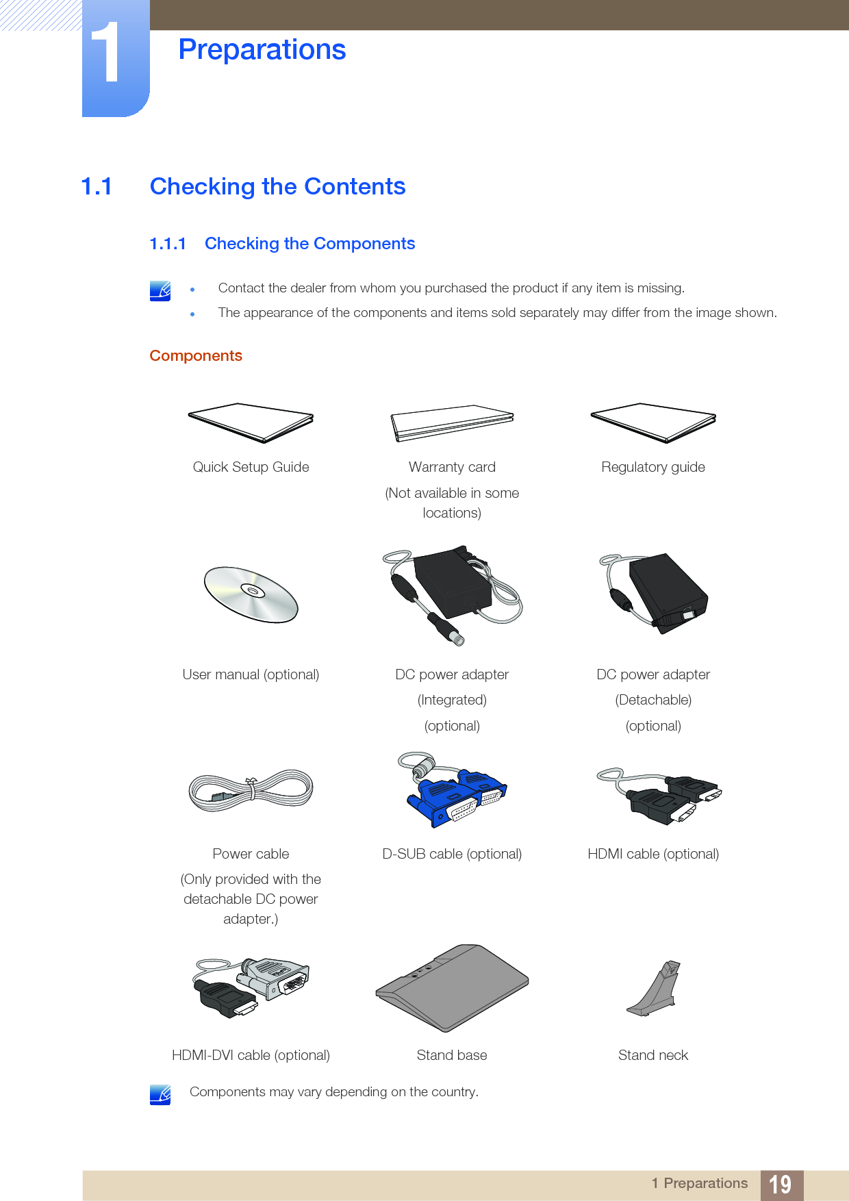 191 Preparations1  Preparations1.1 Checking the Contents1.1.1 Checking the Components Contact the dealer from whom you purchased the product if any item is missing.The appearance of the components and items sold separately may differ from the image shown. Components Components may vary depending on the country. Quick Setup Guide Warranty card(Not available in some locations)Regulatory guideUser manual (optional) DC power adapter(Integrated)(optional)DC power adapter(Detachable)(optional)Power cable(Only provided with the detachable DC power adapter.)D-SUB cable (optional) HDMI cable (optional)HDMI-DVI cable (optional) Stand base Stand neck