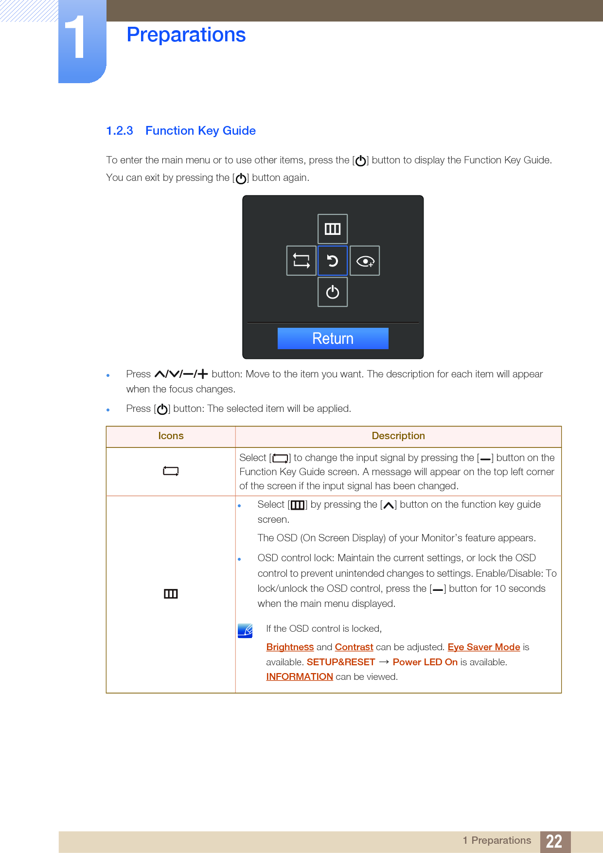 22Preparations11 Preparations1.2.3 Function Key GuideTo enter the main menu or to use other items, press the [ ] button to display the Function Key Guide. You can exit by pressing the [ ] button again.Press   button: Move to the item you want. The description for each item will appear when the focus changes.Press [ ] button: The selected item will be applied.Icons DescriptionSelect [ ] to change the input signal by pressing the [ ] button on the Function Key Guide screen. A message will appear on the top left corner of the screen if the input signal has been changed.Select [ ] by pressing the [ ] button on the function key guide screen.The OSD (On Screen Display) of your Monitor’s feature appears.OSD control lock: Maintain the current settings, or lock the OSD control to prevent unintended changes to settings. Enable/Disable: To lock/unlock the OSD control, press the [ ] button for 10 seconds when the main menu displayed. If the OSD control is locked,Brightness and Contrast can be adjusted. Eye Saver Mode is available. SETUP&amp;RESET  Power LED On is available. INFORMATION can be viewed. Return