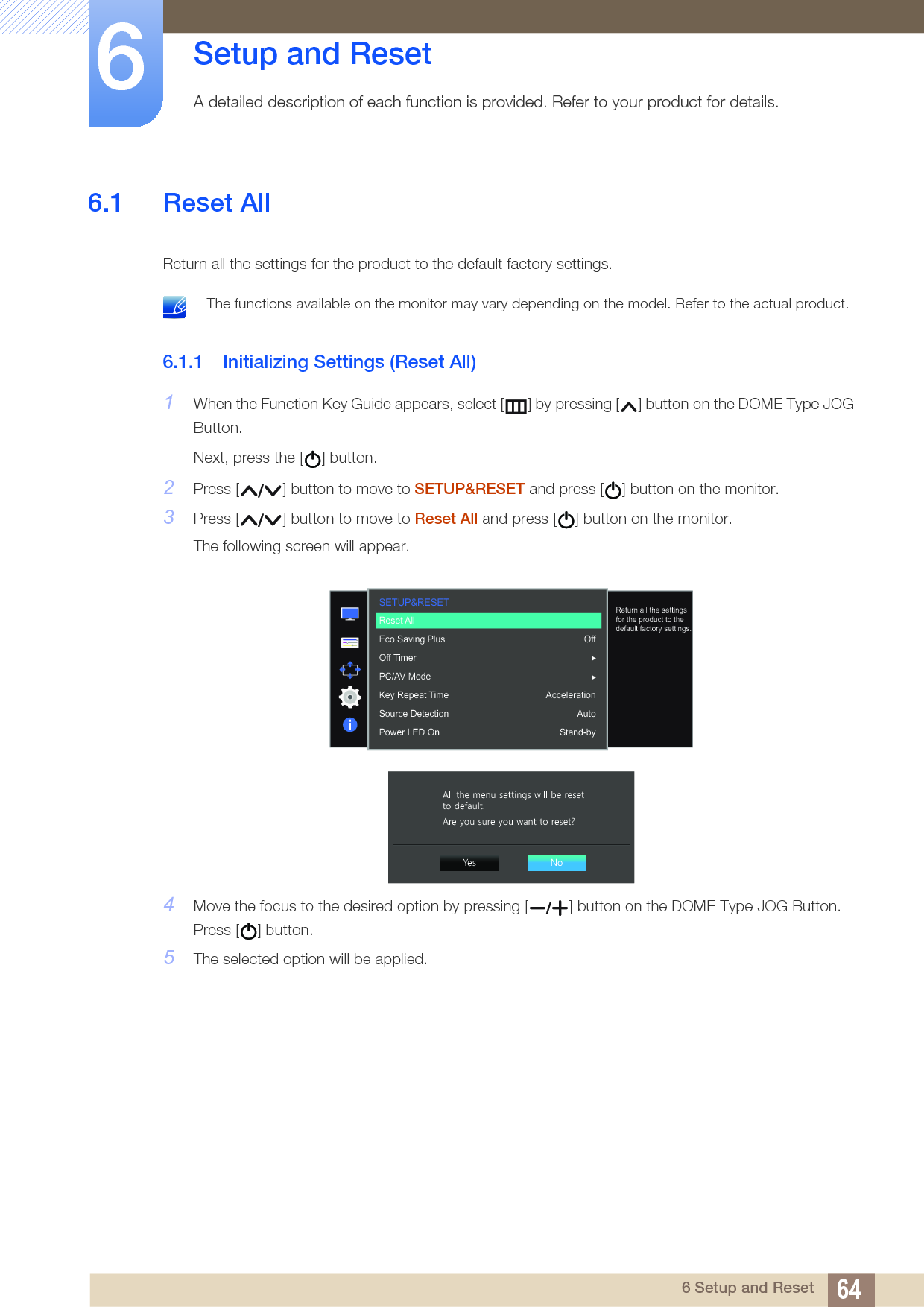 646 Setup and Reset6  Setup and Reset A detailed description of each function is provided. Refer to your product for details.6.1 Reset All Return all the settings for the product to the default factory settings. The functions available on the monitor may vary depending on the model. Refer to the actual product. 6.1.1 Initializing Settings (Reset All)1When the Function Key Guide appears, select [ ] by pressing [ ] button on the DOME Type JOG Button. Next, press the [ ] button.2Press [ ] button to move to SETUP&amp;RESET and press [ ] button on the monitor.3Press [ ] button to move to Reset All and press [ ] button on the monitor.The following screen will appear.4Move the focus to the desired option by pressing [ ] button on the DOME Type JOG Button. Press [ ] button.5The selected option will be applied.SETUP&amp;RESET  OffAccelerationAutoStand-byReset AllEco Saving PlusOff TimerPC/AV ModeKey Repeat TimeSource DetectionPower LED OnReturn all the settings for the product to the default factory settings. $OOWKHPHQXVHWWLQJVZLOOEHUHVHWWRGHIDXOW$UH\RXVXUH\RXZDQWWRUHVHW&quot;&lt;HV 1R