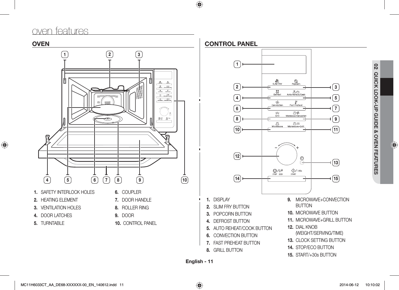 English - 1102  QUICK LOOK-UP GUIDE &amp; OVEN FEATURESoven featuresOVEN10412376 8 951.   SAFETY INTERLOCK HOLES2.   HEATING ELEMENT3.   VENTILATION HOLES4.   DOOR LATCHES5.   TURNTABLE6.   COUPLER7.   DOOR HANDLE8.   ROLLER RING9.   DOOR10.   CONTROL PANELCONTROL PANEL1.  DISPLAY2.  SLIM FRY BUTTON3.  POPCORN BUTTON4.  DEFROST BUTTON5.  AUTO REHEAT/COOK BUTTON6.  CONVECTION BUTTON7.  FAST PREHEAT BUTTON8.  GRILL BUTTON9.    MICROWAVE+CONVECTION BUTTON10.   MICROWAVE BUTTON11.   MICROWAVE+GRILL BUTTON12.   DIAL KNOB (WEIGHT/SERVING/TIME)13.   CLOCK SETTING BUTTON14.   STOP/ECO BUTTON15.   START/+30s BUTTON268112144109351511713MC11H6033CT_AA_DE68-XXXXXX-00_EN_140612.indd   11  