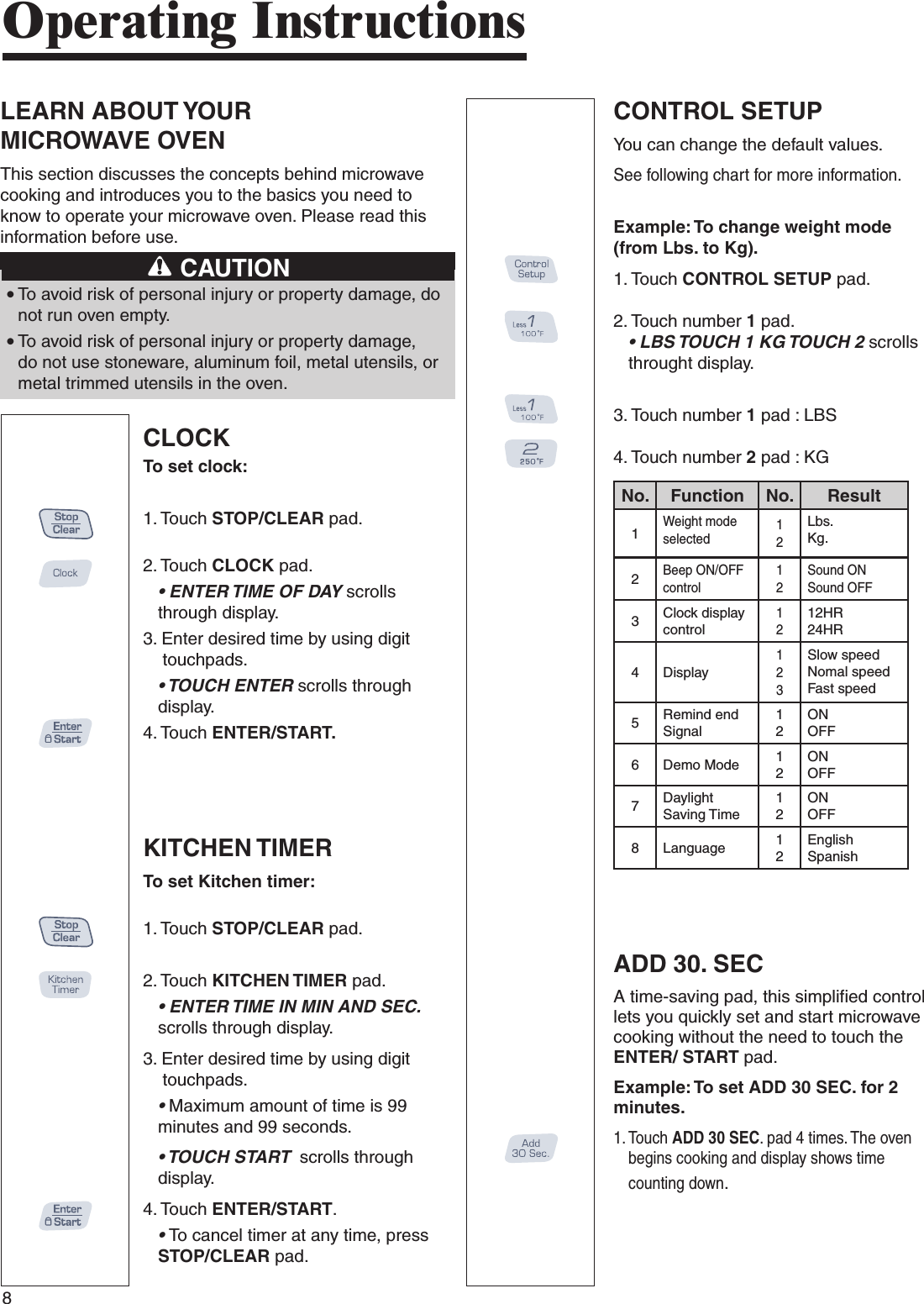 8LEARN ABOUT YOUR  MICROWAVE OVENThis section discusses the concepts behind microwave cooking and introduces you to the basics you need to know to operate your microwave oven. Please read this information before use.Operating InstructionsCAUTIONCONTROL SETUPYou can change the default values.See following chart for more information. Example: To change weight mode (from Lbs. to Kg).1.  Touch CONTROL SETUP pad.2.  Touch number 1 pad.• LBS TOUCH 1 KG TOUCH 2 scrolls throught display.3.  Touch number 1 pad : LBS4. Touch number 2 pad : KG●  To avoid risk of personal injury or property damage, do not run oven empty.●  To avoid risk of personal injury or property damage, do not use stoneware, aluminum foil, metal utensils, or metal trimmed utensils in the oven.CLOCKTo set clock:1. Touch STOP/CLEAR pad. 2. Touch CLOCK pad.• ENTER TIME OF DAY scrolls through display.3. Enter desired time by using digit      touchpads.• TOUCH ENTER scrolls through display.4. Touch ENTER/START.KITCHEN TIMERTo set Kitchen timer:1. Touch STOP/CLEAR pad.2. Touch KITCHEN TIMER pad.• ENTER TIME IN MIN AND SEC. scrolls through display.3. Enter desired time by using digit      touchpads.• Maximum amount of time is 99 minutes and 99 seconds.• TOUCH START  scrolls through display.4. Touch ENTER/START.• To cancel timer at any time, press STOP/CLEAR pad.ADD 30. SECA time-saving pad, this simplified control lets you quickly set and start microwave cooking without the need to touch the ENTER/ START pad.Example: To set ADD 30 SEC. for 2 minutes.1.  Touch ADD 30 SEC. pad 4 times. The oven begins cooking and display shows time counting down. No. Function No. Result1Weight mode selected12Lbs.Kg.2Beep ON/OFF control12Sound ON Sound OFF3Clock display control1212HR24HR4 Display123Slow speedNomal speedFast speed5Remind end Signal12ONOFF6 Demo Mode 12ONOFF7Daylight Saving Time12ONOFF8 Language 1 2EnglishSpanish