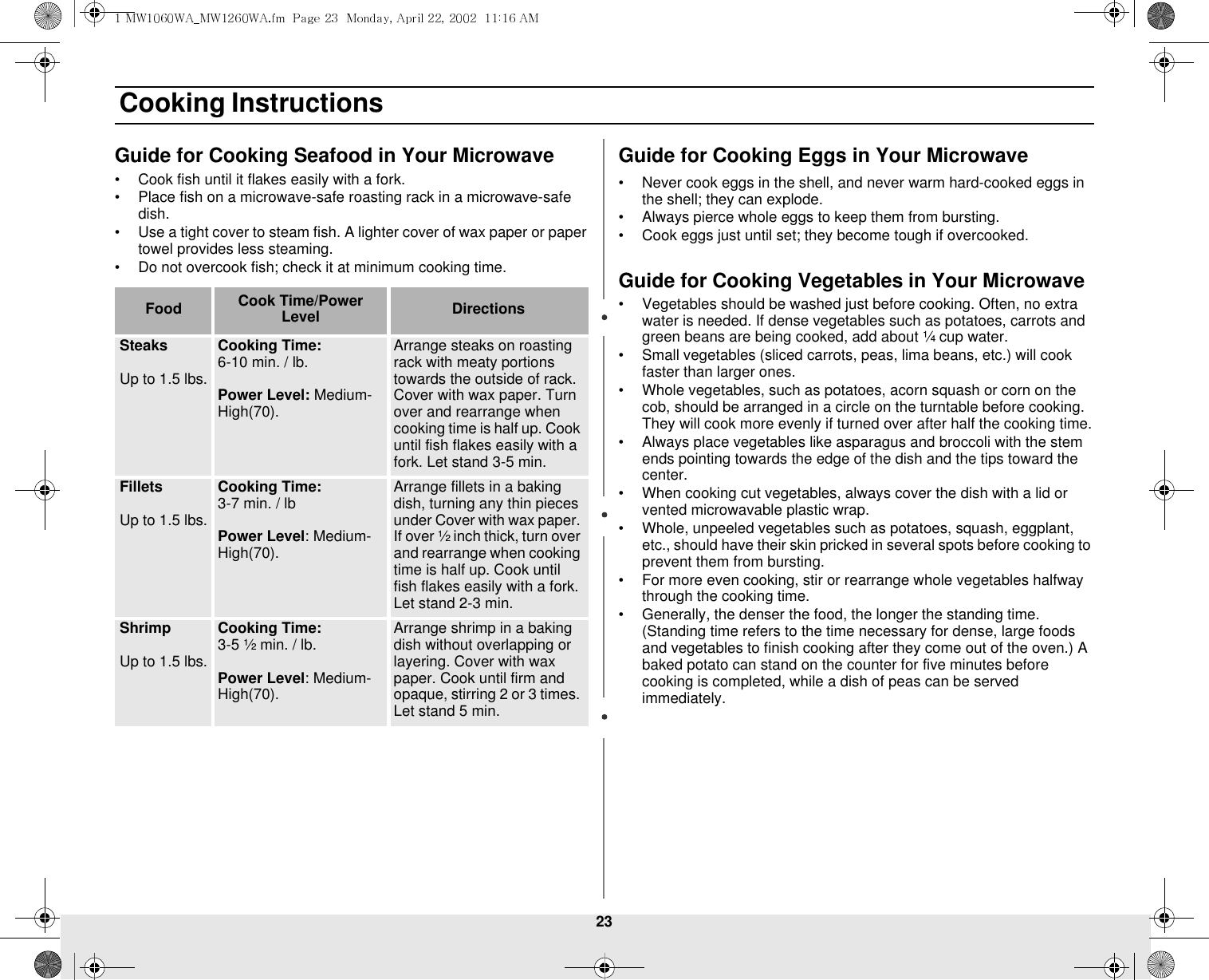23 Cooking InstructionsGuide for Cooking Seafood in Your Microwave• Cook fish until it flakes easily with a fork.• Place fish on a microwave-safe roasting rack in a microwave-safe dish.• Use a tight cover to steam fish. A lighter cover of wax paper or paper towel provides less steaming.• Do not overcook fish; check it at minimum cooking time.Guide for Cooking Eggs in Your Microwave• Never cook eggs in the shell, and never warm hard-cooked eggs in the shell; they can explode.• Always pierce whole eggs to keep them from bursting.• Cook eggs just until set; they become tough if overcooked.Guide for Cooking Vegetables in Your Microwave• Vegetables should be washed just before cooking. Often, no extra water is needed. If dense vegetables such as potatoes, carrots and green beans are being cooked, add about ¼ cup water.• Small vegetables (sliced carrots, peas, lima beans, etc.) will cook faster than larger ones.• Whole vegetables, such as potatoes, acorn squash or corn on the cob, should be arranged in a circle on the turntable before cooking. They will cook more evenly if turned over after half the cooking time.• Always place vegetables like asparagus and broccoli with the stem ends pointing towards the edge of the dish and the tips toward the center.• When cooking cut vegetables, always cover the dish with a lid or vented microwavable plastic wrap.• Whole, unpeeled vegetables such as potatoes, squash, eggplant, etc., should have their skin pricked in several spots before cooking to prevent them from bursting.• For more even cooking, stir or rearrange whole vegetables halfway through the cooking time.• Generally, the denser the food, the longer the standing time. (Standing time refers to the time necessary for dense, large foods and vegetables to finish cooking after they come out of the oven.) A baked potato can stand on the counter for five minutes before cooking is completed, while a dish of peas can be served immediately.Food Cook Time/Power Level DirectionsSteaksUp to 1.5 lbs.Cooking Time: 6-10 min. / lb. Power Level: Medium-High(70).Arrange steaks on roasting rack with meaty portions towards the outside of rack. Cover with wax paper. Turn over and rearrange when cooking time is half up. Cook until fish flakes easily with a fork. Let stand 3-5 min. FilletsUp to 1.5 lbs.Cooking Time: 3-7 min. / lbPower Level: Medium-High(70).Arrange fillets in a baking dish, turning any thin pieces under Cover with wax paper. If over ½ inch thick, turn over and rearrange when cooking time is half up. Cook until fish flakes easily with a fork. Let stand 2-3 min.ShrimpUp to 1.5 lbs.Cooking Time: 3-5 ½ min. / lb.Power Level: Medium-High(70).Arrange shrimp in a baking dish without overlapping or layering. Cover with wax paper. Cook until firm and opaque, stirring 2 or 3 times. Let stand 5 min. 