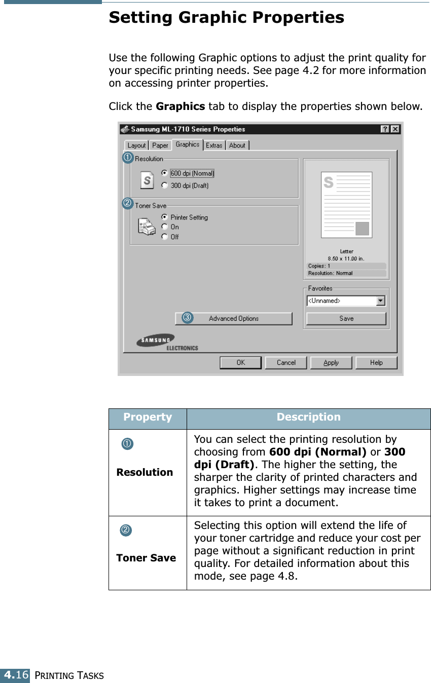 PRINTING TASKS4.16Setting Graphic PropertiesUse the following Graphic options to adjust the print quality for your specific printing needs. See page 4.2 for more information on accessing printer properties. Click the Graphics tab to display the properties shown below. Property DescriptionResolutionYou can select the printing resolution by choosing from 600 dpi (Normal) or 300 dpi (Draft). The higher the setting, the sharper the clarity of printed characters and graphics. Higher settings may increase time it takes to print a document. Toner SaveSelecting this option will extend the life of your toner cartridge and reduce your cost per page without a significant reduction in print quality. For detailed information about this mode, see page 4.8.➀➁➂➀➁
