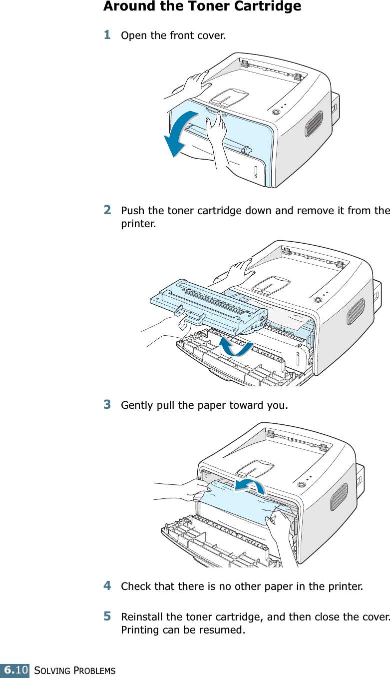 SOLVING PROBLEMS6.10Around the Toner Cartridge1Open the front cover.2Push the toner cartridge down and remove it from the printer.3Gently pull the paper toward you. 4Check that there is no other paper in the printer. 5Reinstall the toner cartridge, and then close the cover. Printing can be resumed. 
