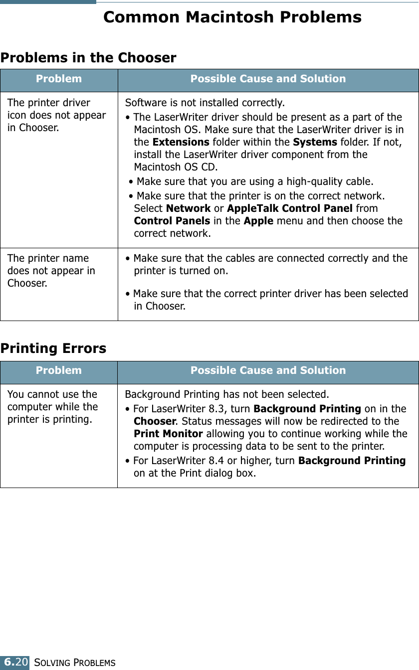 SOLVING PROBLEMS6.20Common Macintosh ProblemsProblems in the ChooserPrinting ErrorsProblem Possible Cause and SolutionThe printer driver icon does not appear in Chooser.Software is not installed correctly.• The LaserWriter driver should be present as a part of the Macintosh OS. Make sure that the LaserWriter driver is in the Extensions folder within the Systems folder. If not, install the LaserWriter driver component from the Macintosh OS CD. • Make sure that you are using a high-quality cable. • Make sure that the printer is on the correct network. Select Network or AppleTalk Control Panel from Control Panels in the Apple menu and then choose the correct network.The printer name does not appear in Chooser.• Make sure that the cables are connected correctly and the printer is turned on. • Make sure that the correct printer driver has been selected in Chooser.Problem Possible Cause and SolutionYou cannot use the computer while the printer is printing.Background Printing has not been selected.• For LaserWriter 8.3, turn Background Printing on in the Chooser. Status messages will now be redirected to the Print Monitor allowing you to continue working while the computer is processing data to be sent to the printer.• For LaserWriter 8.4 or higher, turn Background Printing on at the Print dialog box.