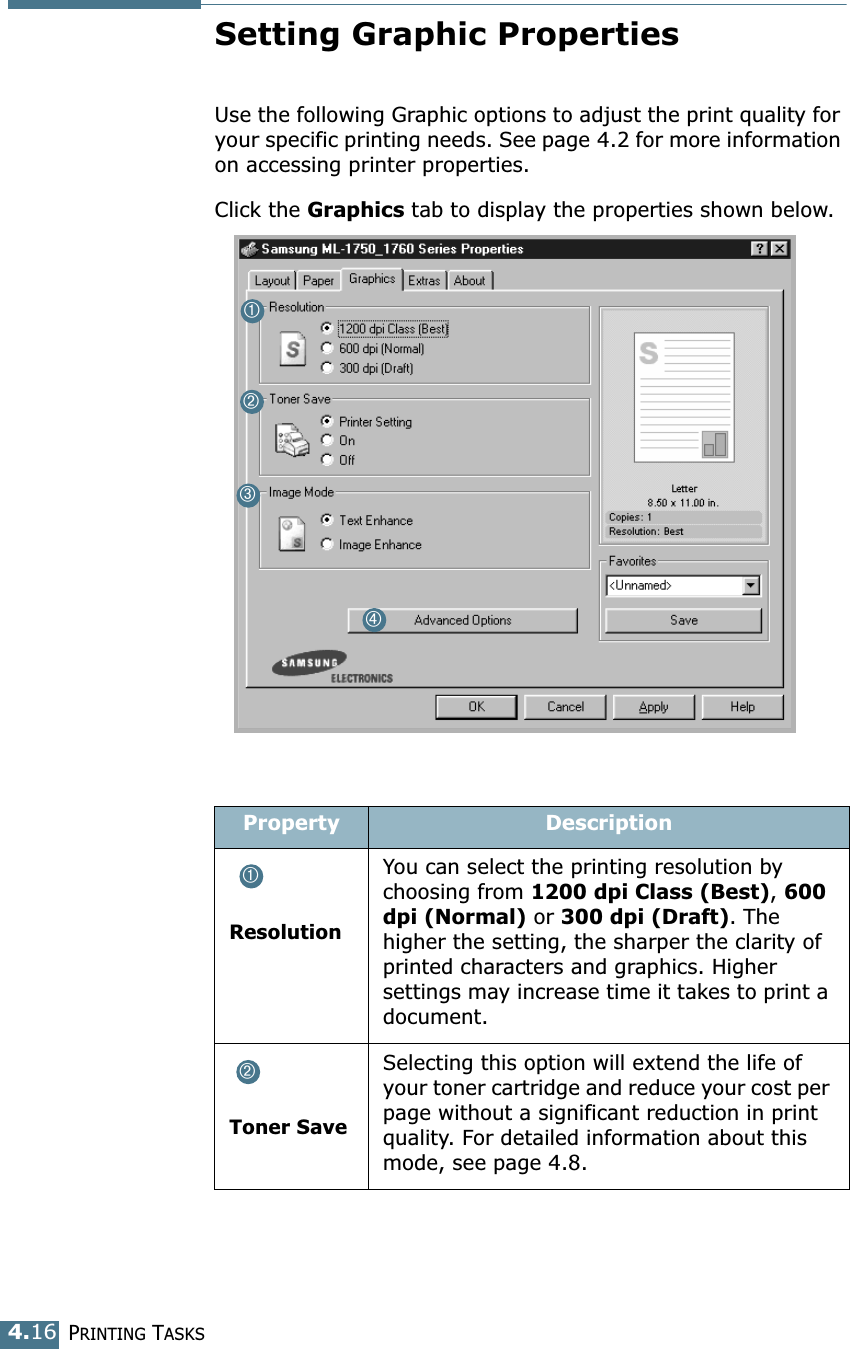 PRINTING TASKS4.16Setting Graphic PropertiesUse the following Graphic options to adjust the print quality for your specific printing needs. See page 4.2 for more information on accessing printer properties. Click the Graphics tab to display the properties shown below. Property DescriptionResolutionYou can select the printing resolution by choosing from 1200 dpi Class (Best), 600 dpi (Normal) or 300 dpi (Draft). The higher the setting, the sharper the clarity of printed characters and graphics. Higher settings may increase time it takes to print a document. Toner SaveSelecting this option will extend the life of your toner cartridge and reduce your cost per page without a significant reduction in print quality. For detailed information about this mode, see page 4.8.➀➁➂➃➀➁
