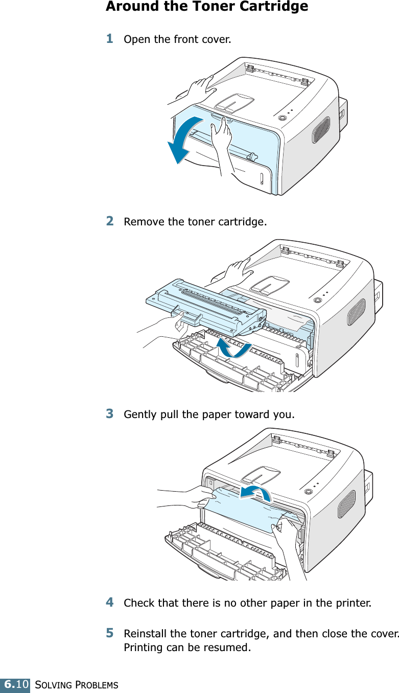 SOLVING PROBLEMS6.10Around the Toner Cartridge1Open the front cover.2Remove the toner cartridge.3Gently pull the paper toward you. 4Check that there is no other paper in the printer. 5Reinstall the toner cartridge, and then close the cover. Printing can be resumed. 