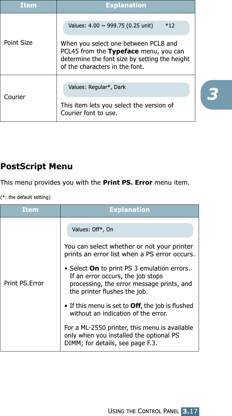 USING THE CONTROL PANEL3.1733PostScript MenuThis menu provides you with the Print PS. Error menu item.(*: the default setting) Point Size When you select one between PCL8 and PCL45 from the Typeface menu, you can determine the font size by setting the height of the characters in the font. CourierThis item lets you select the version of Courier font to use.Item ExplanationPrint PS.ErrorYou can select whether or not your printer prints an error list when a PS error occurs.• Select On to print PS 3 emulation errors. If an error occurs, the job stops processing, the error message prints, and the printer flushes the job. • If this menu is set to Off, the job is flushed without an indication of the error.For a ML-2550 printer, this menu is available only when you installed the optional PS DIMM; for details, see page F.3.Item ExplanationValues: 4.00 ~ 999.75 (0.25 unit)       *12Values: Regular*, DarkValues: Off*, On