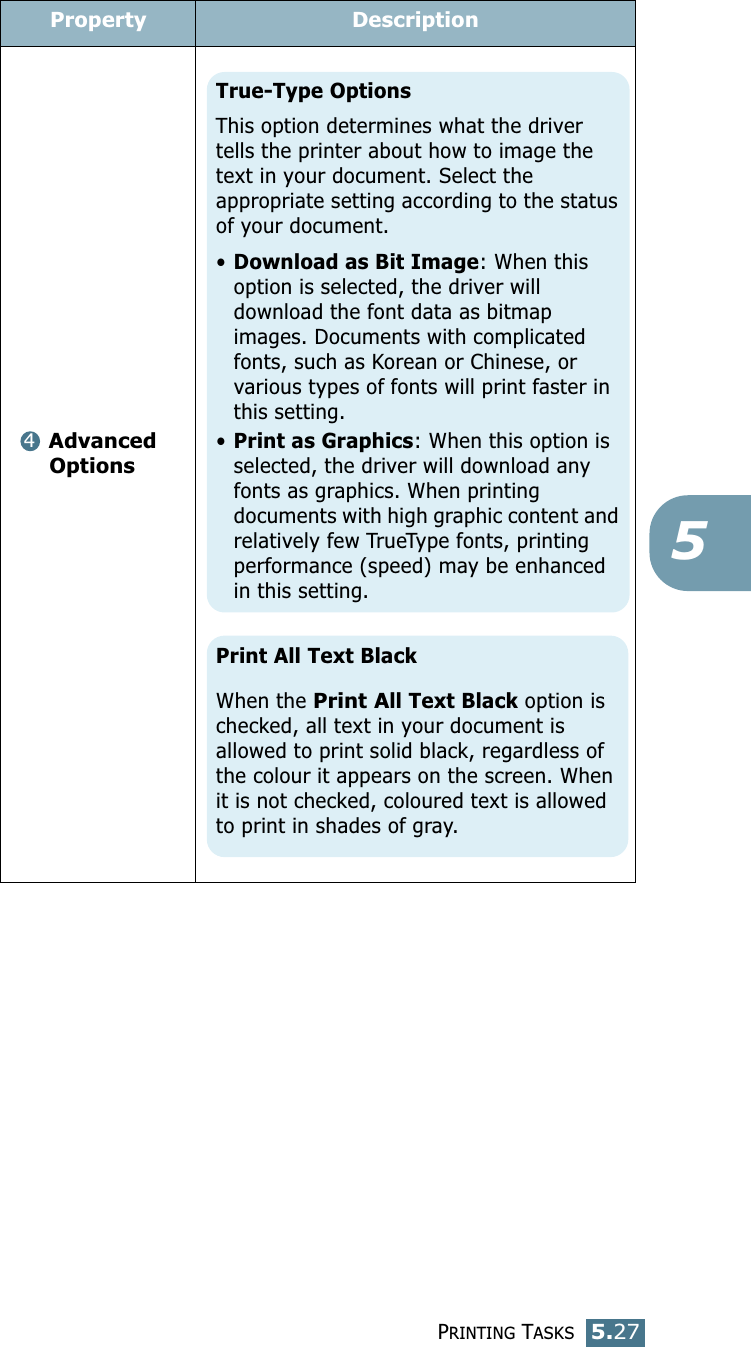 PRINTING TASKS5.275Advanced     Options  Property Description4True-Type OptionsThis option determines what the driver tells the printer about how to image the text in your document. Select the appropriate setting according to the status of your document. •Download as Bit Image: When this option is selected, the driver will download the font data as bitmap images. Documents with complicated fonts, such as Korean or Chinese, or various types of fonts will print faster in this setting. •Print as Graphics: When this option is selected, the driver will download any fonts as graphics. When printing documents with high graphic content and relatively few TrueType fonts, printing performance (speed) may be enhanced in this setting. Print All Text BlackWhen the Print All Text Black option is checked, all text in your document is allowed to print solid black, regardless of the colour it appears on the screen. When it is not checked, coloured text is allowed to print in shades of gray.