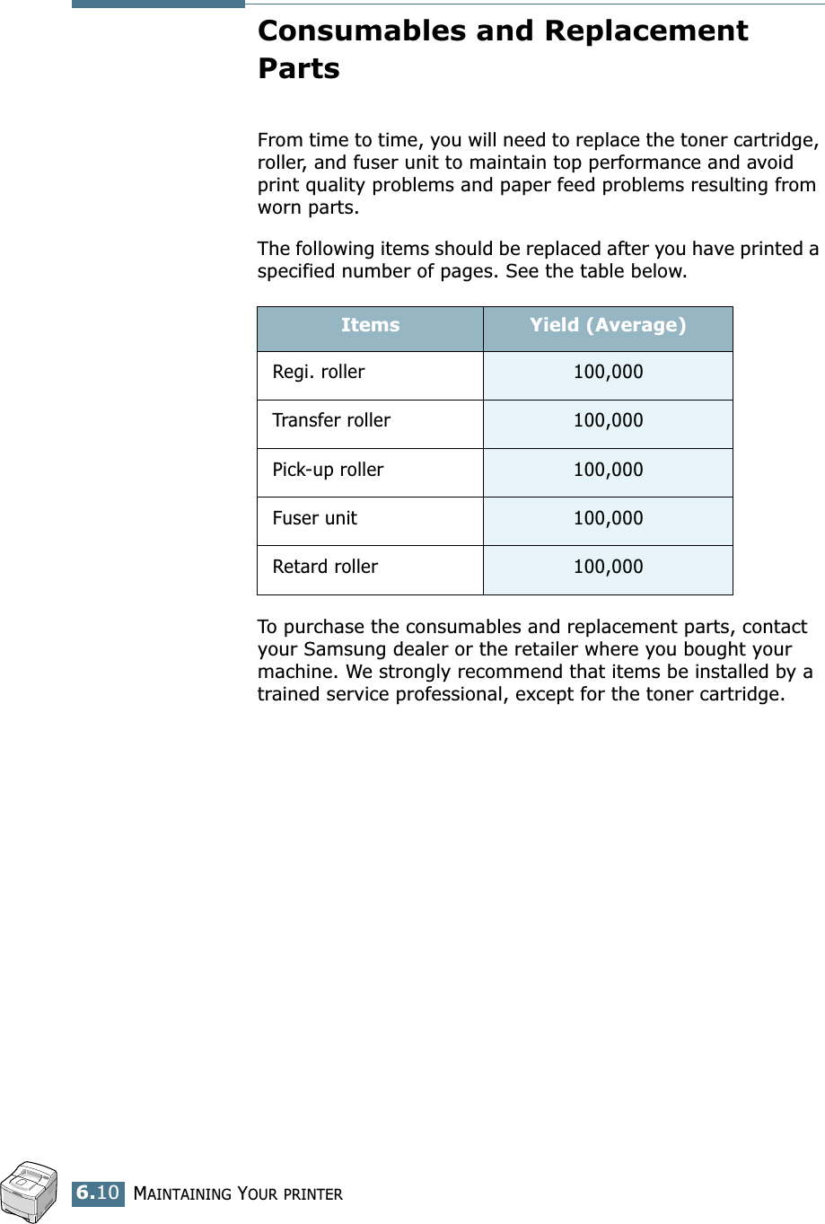 MAINTAINING YOUR PRINTER6.10Consumables and Replacement PartsFrom time to time, you will need to replace the toner cartridge, roller, and fuser unit to maintain top performance and avoid print quality problems and paper feed problems resulting from worn parts.The following items should be replaced after you have printed a specified number of pages. See the table below.To purchase the consumables and replacement parts, contact your Samsung dealer or the retailer where you bought your machine. We strongly recommend that items be installed by a trained service professional, except for the toner cartridge.Items Yield (Average)Regi. roller 100,000Transfer roller 100,000Pick-up roller 100,000Fuser unit  100,000Retard roller 100,000