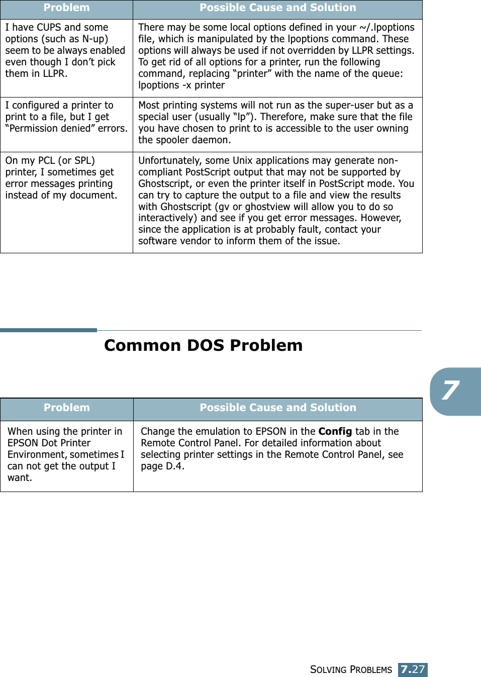 SOLVING PROBLEMS7.277Common DOS ProblemI have CUPS and some options (such as N-up) seem to be always enabled even though I don’t pick them in LLPR.There may be some local options defined in your ~/.lpoptions file, which is manipulated by the lpoptions command. These options will always be used if not overridden by LLPR settings. To get rid of all options for a printer, run the following command, replacing “printer” with the name of the queue: lpoptions -x printerI configured a printer to print to a file, but I get “Permission denied” errors.Most printing systems will not run as the super-user but as a special user (usually “lp”). Therefore, make sure that the file you have chosen to print to is accessible to the user owning the spooler daemon.On my PCL (or SPL) printer, I sometimes get error messages printing instead of my document.Unfortunately, some Unix applications may generate non-compliant PostScript output that may not be supported by Ghostscript, or even the printer itself in PostScript mode. You can try to capture the output to a file and view the results with Ghostscript (gv or ghostview will allow you to do so interactively) and see if you get error messages. However, since the application is at probably fault, contact your software vendor to inform them of the issue.Problem Possible Cause and SolutionProblem Possible Cause and SolutionWhen using the printer in EPSON Dot Printer Environment, sometimes I can not get the output I want.Change the emulation to EPSON in the Config tab in the Remote Control Panel. For detailed information about selecting printer settings in the Remote Control Panel, see page D.4.